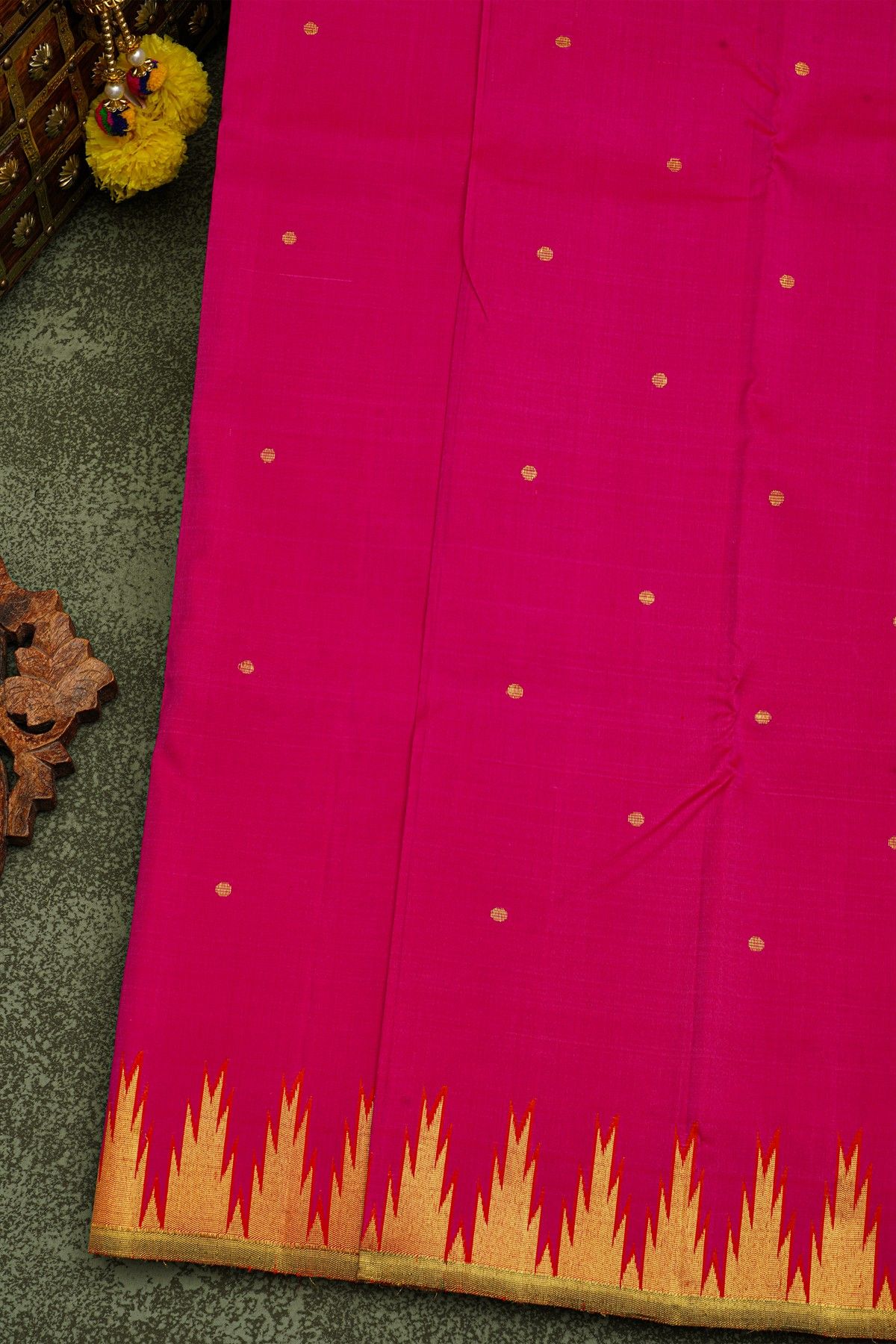Kancheepuram Silk Magenta Saree With Dollar Buttis Body And Self Temple Border With Zari Lines Pallu