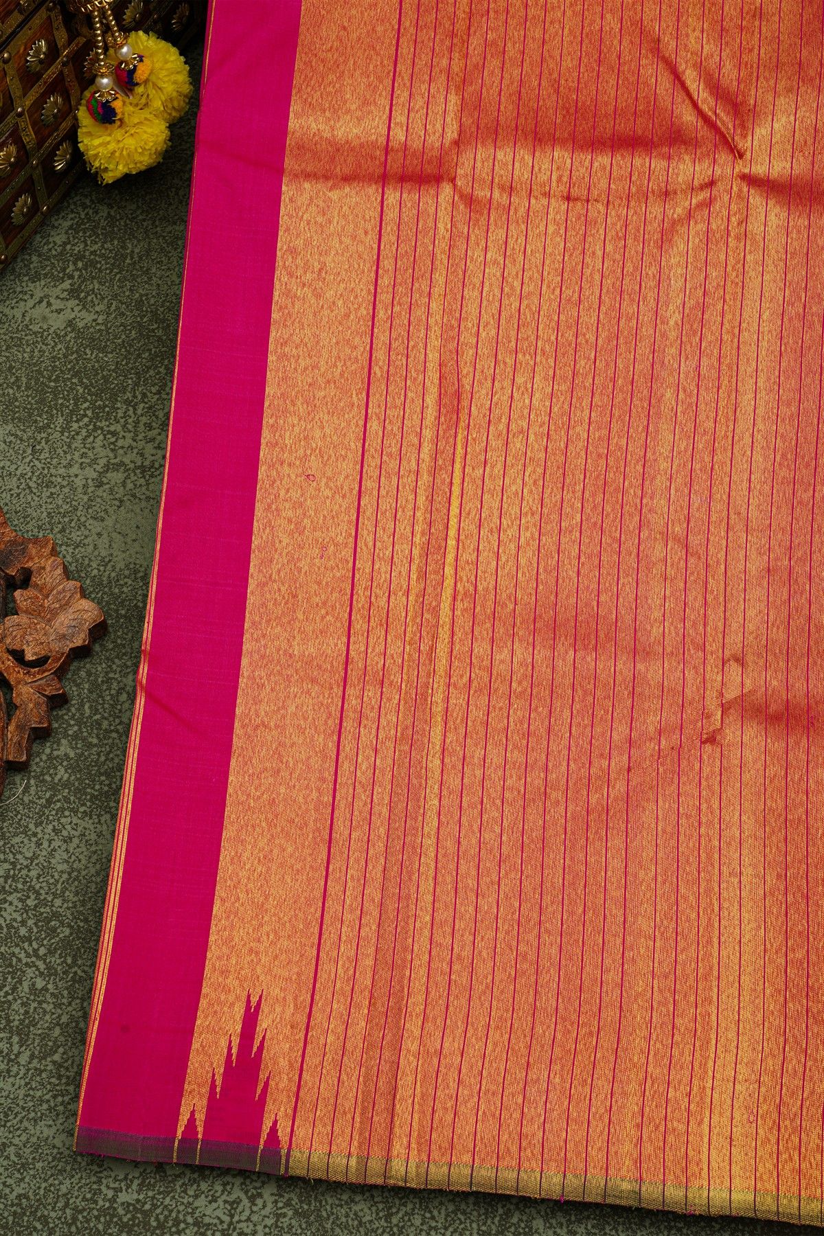 Kancheepuram Silk Magenta Saree With Dollar Buttis Body And Self Temple Border With Zari Lines Pallu