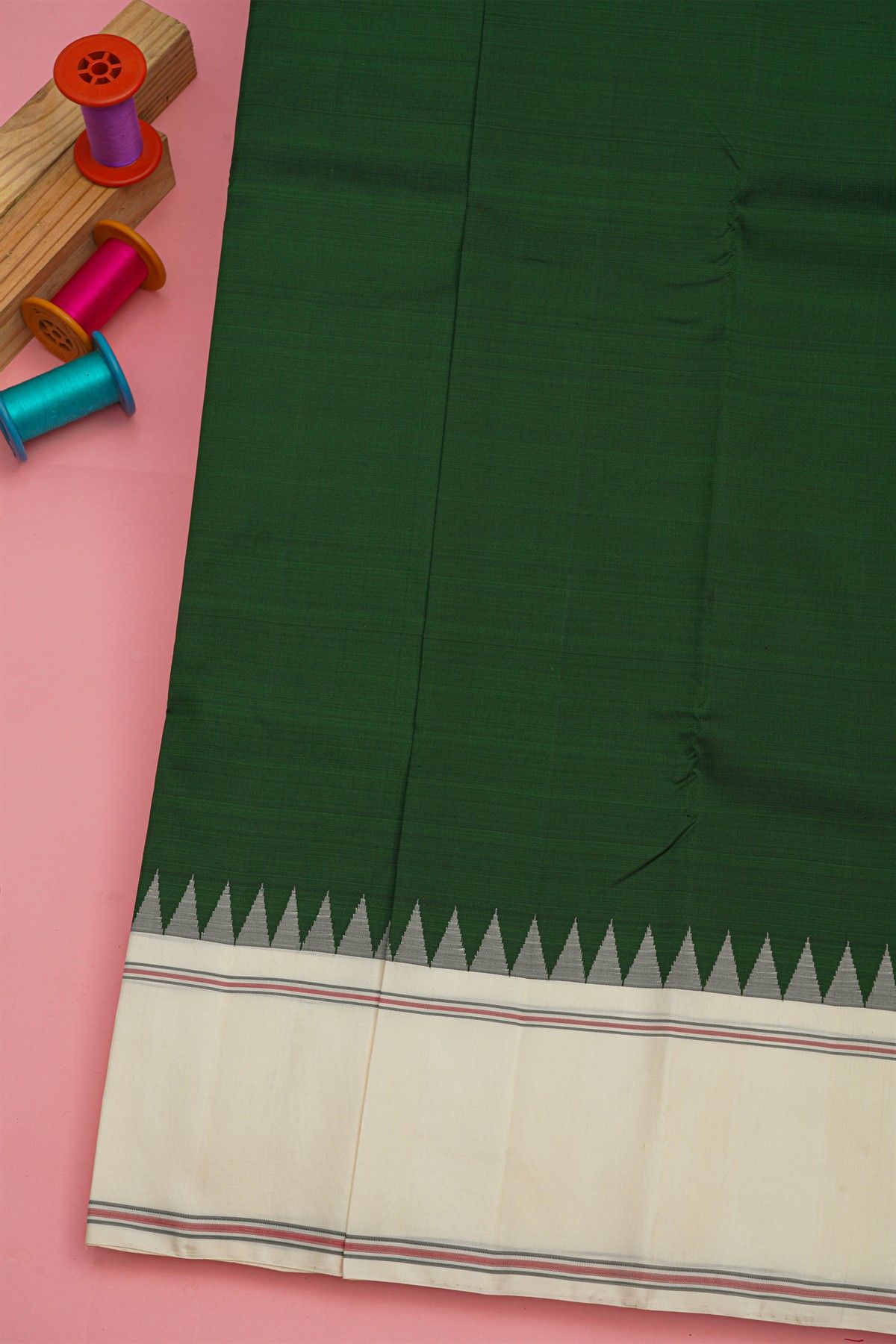 Kancheepuram Silk Bottle Green Saree WIth Traditional Temple Border