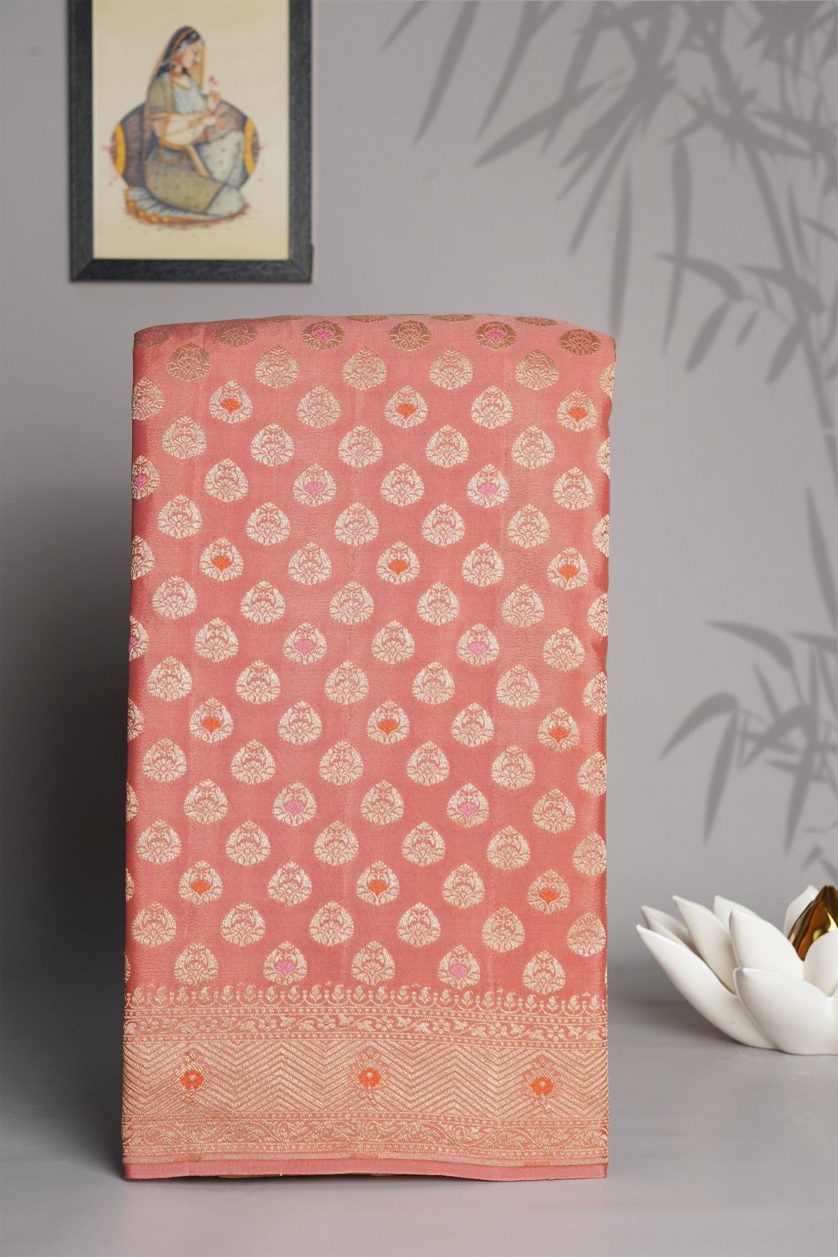 Banarasi Kaddi Georgette Peach Saree With Floral Zari Buttis Body