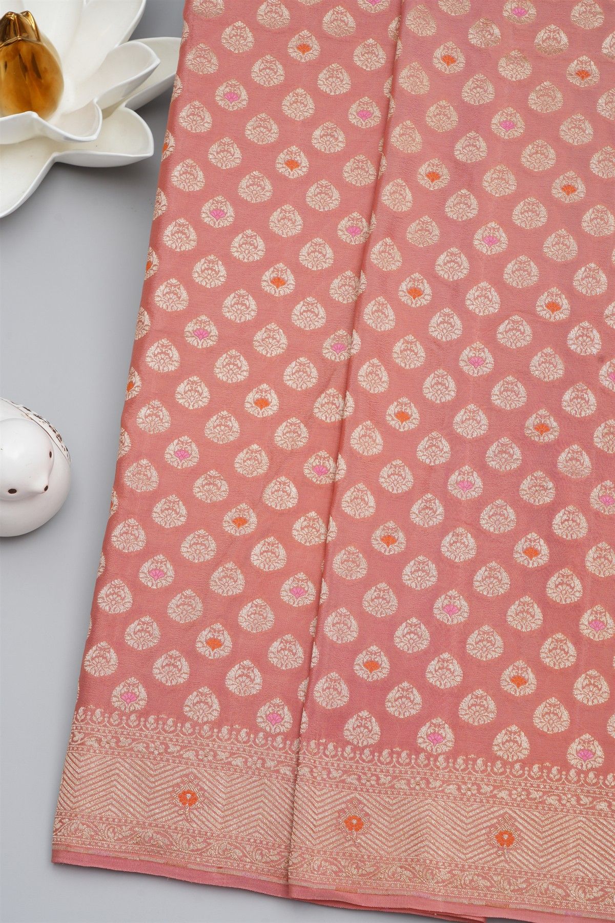 Banarasi Kaddi Georgette Peach Saree With Floral Zari Buttis Body