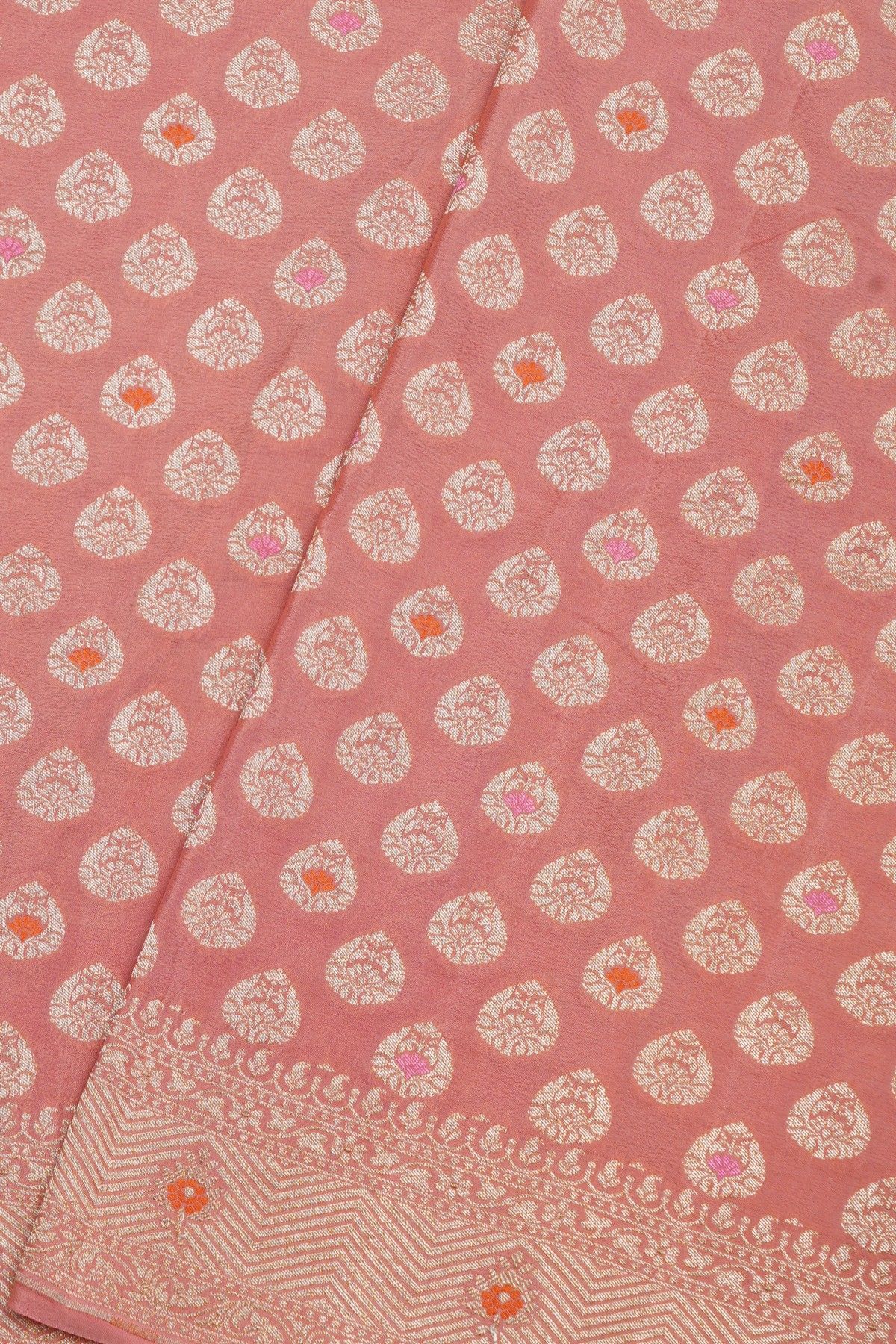 Banarasi Kaddi Georgette Peach Saree With Floral Zari Buttis Body