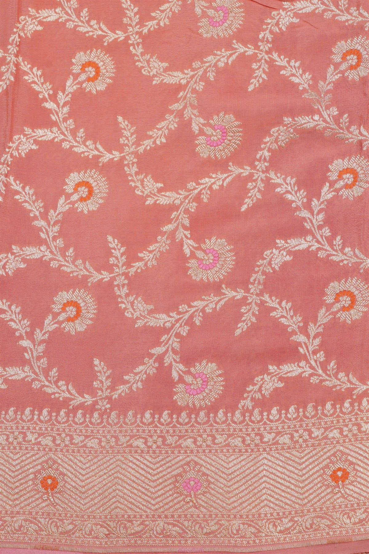 Banarasi Kaddi Georgette Peach Saree With Floral Zari Buttis Body