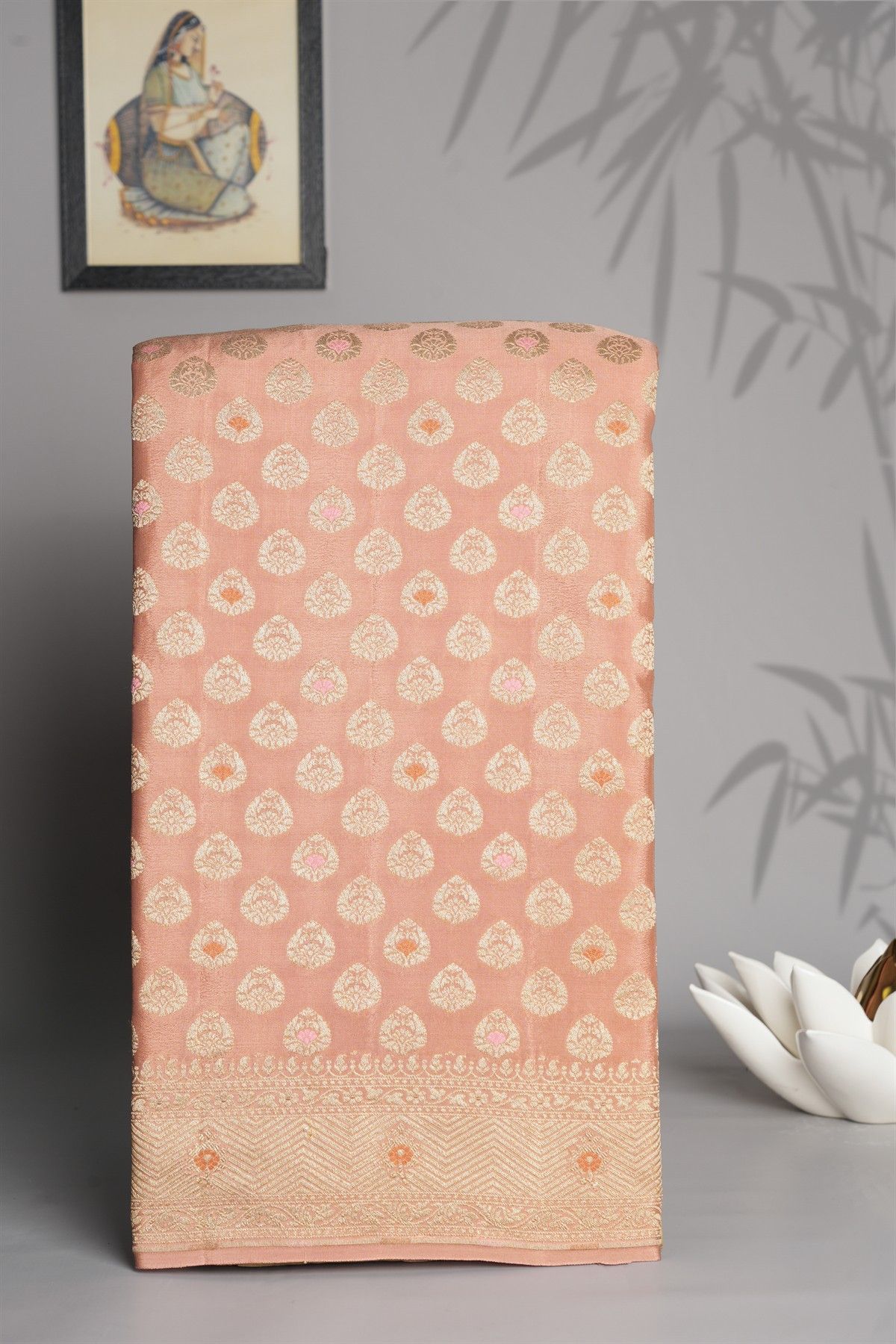Banarasi Kaddi Georgette Peach Saree With Floral Zari Buttis Body
