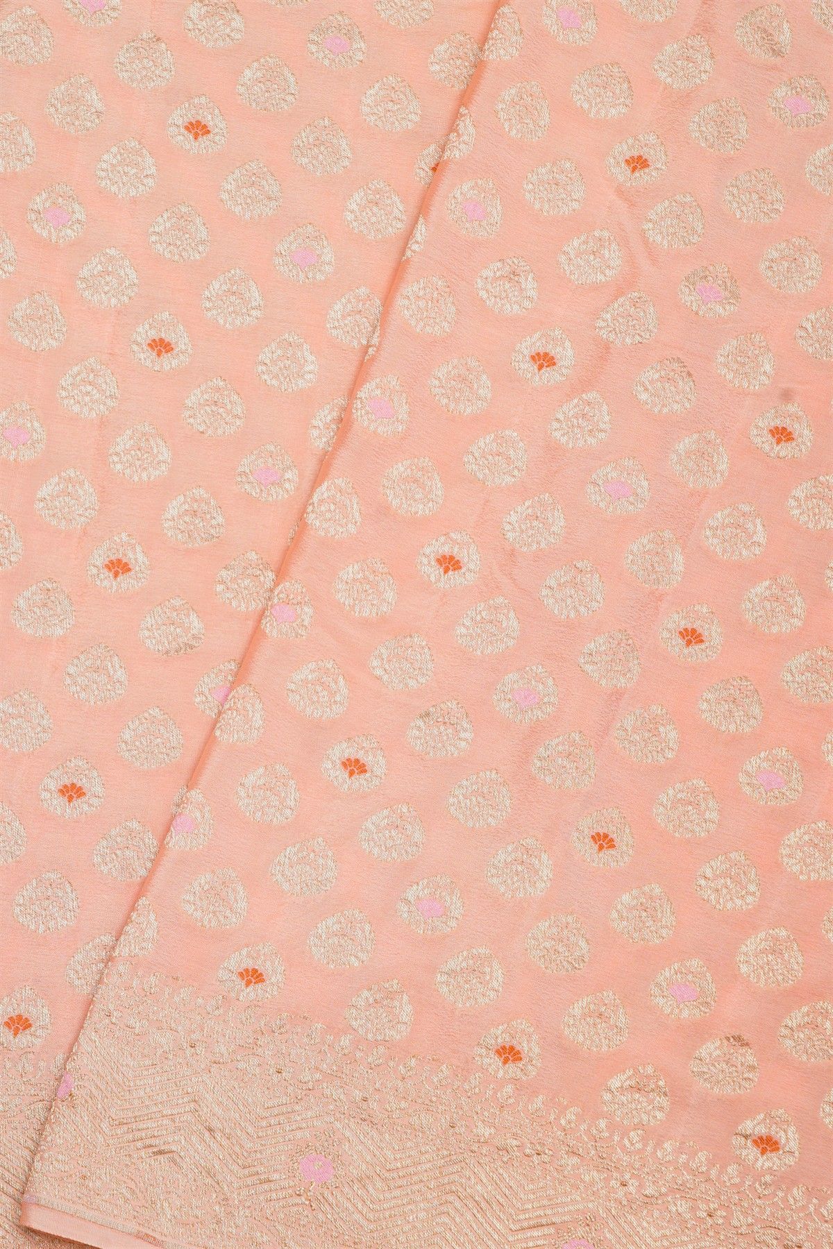 Banarasi Kaddi Georgette Peach Saree With Floral Zari Buttis Body