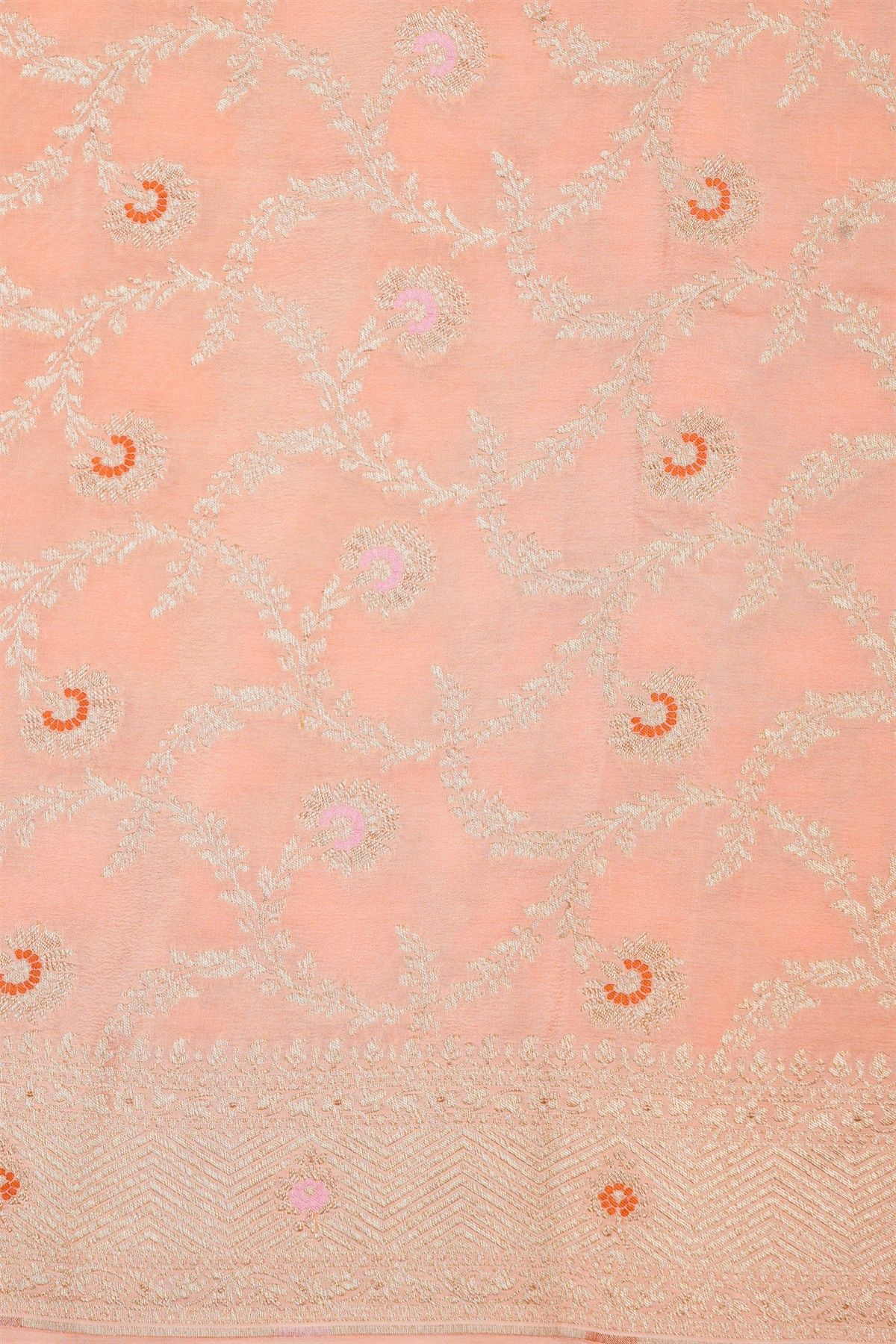 Banarasi Kaddi Georgette Peach Saree With Floral Zari Buttis Body