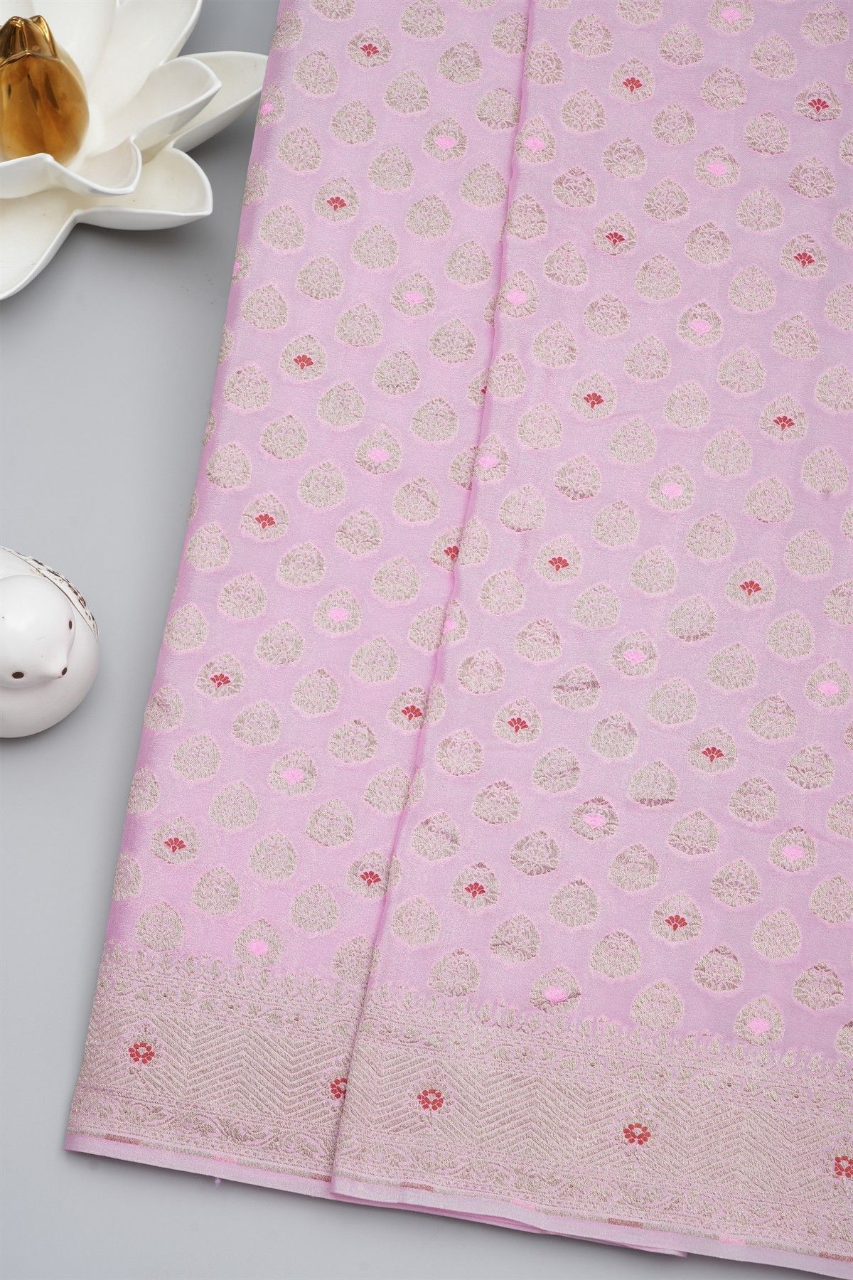 Banarasi Kaddi Georgette Baby Pink Saree With Floral Zari Buttis Body