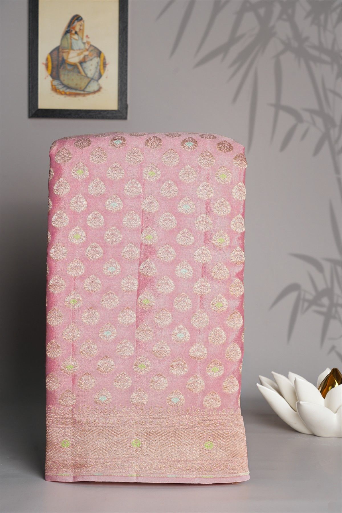 Banarasi Kaddi Georgette Baby Pink Saree With Floral Buttis In Zari Body
