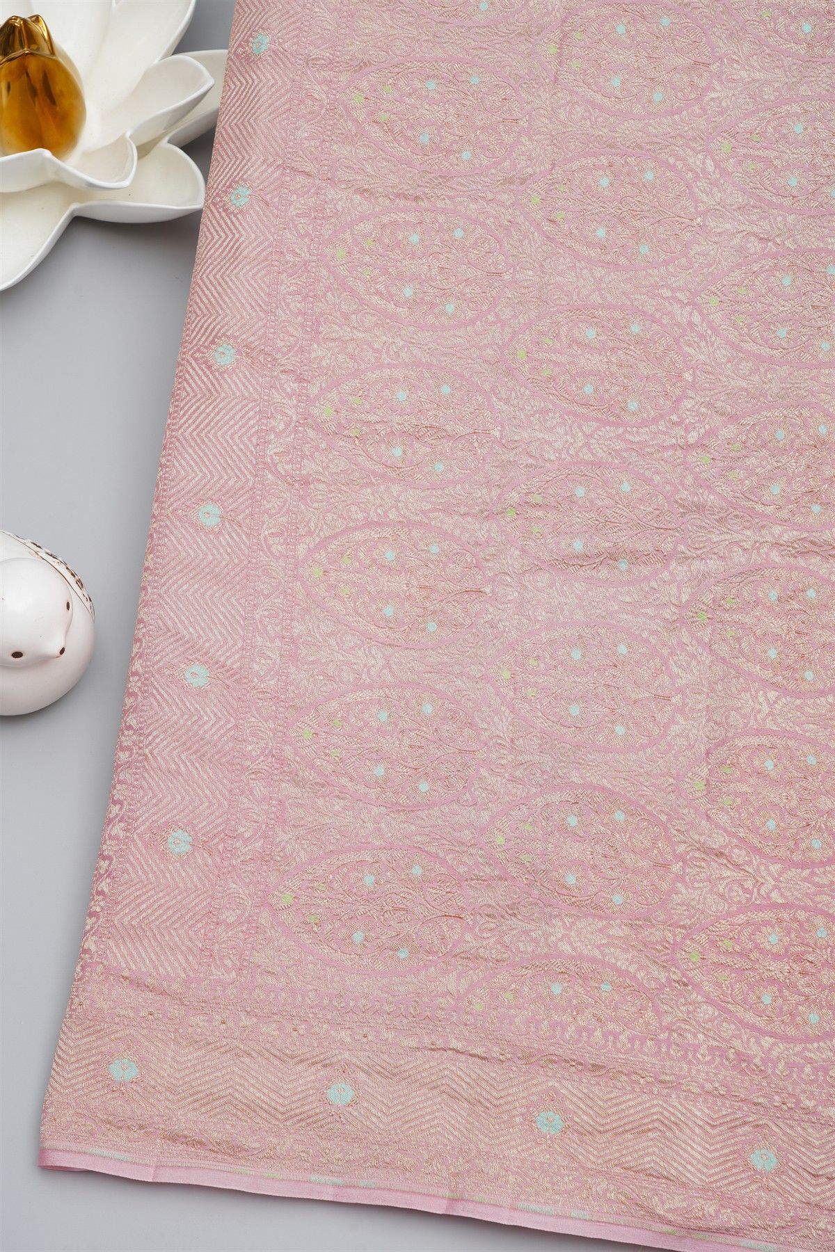 Banarasi Kaddi Georgette Baby Pink Saree With Floral Buttis In Zari Body