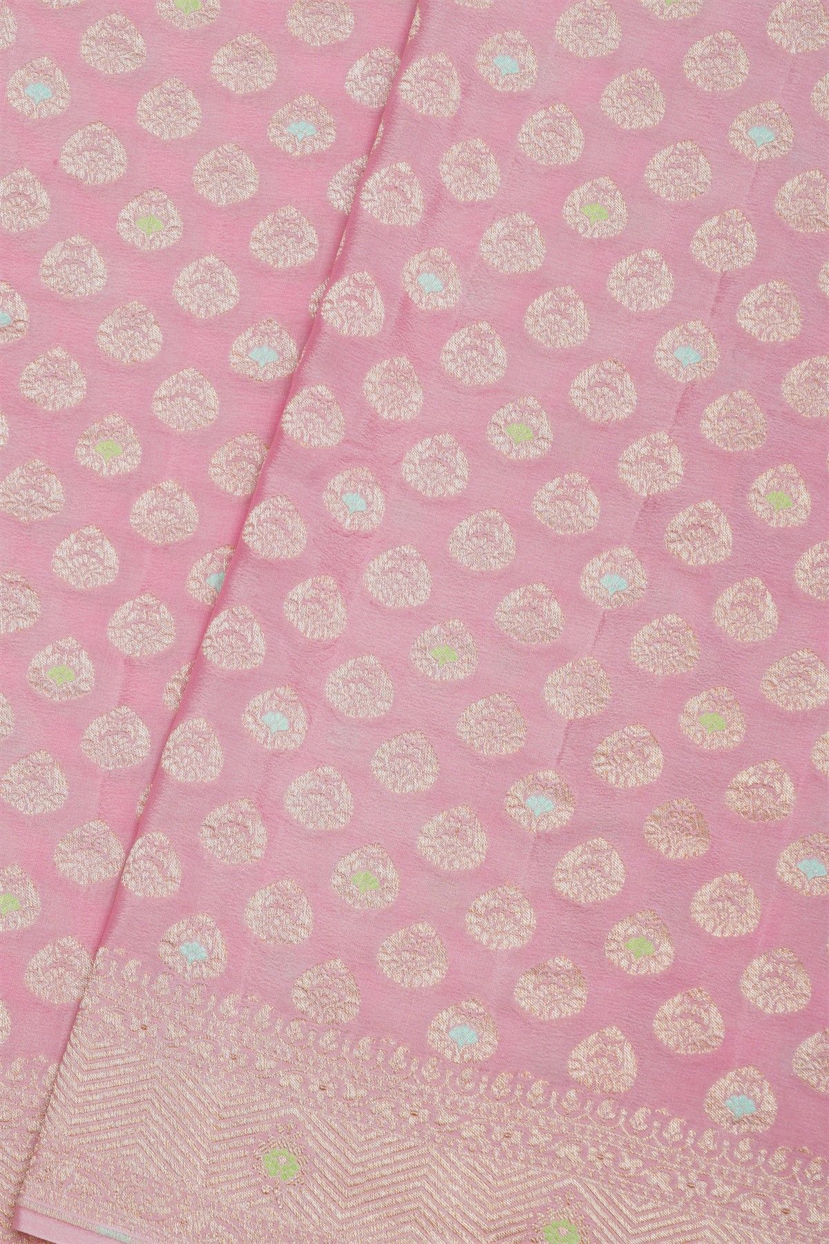 Banarasi Kaddi Georgette Baby Pink Saree With Floral Buttis In Zari Body