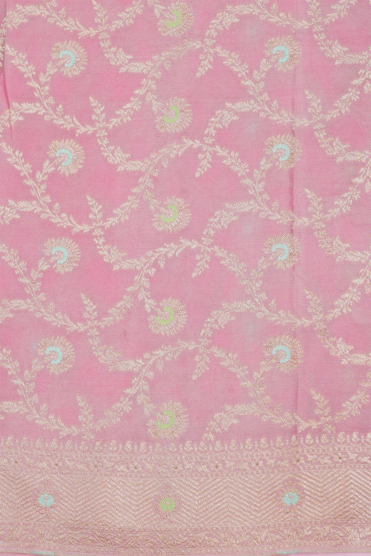 Banarasi Kaddi Georgette Baby Pink Saree With Floral Buttis In Zari Body