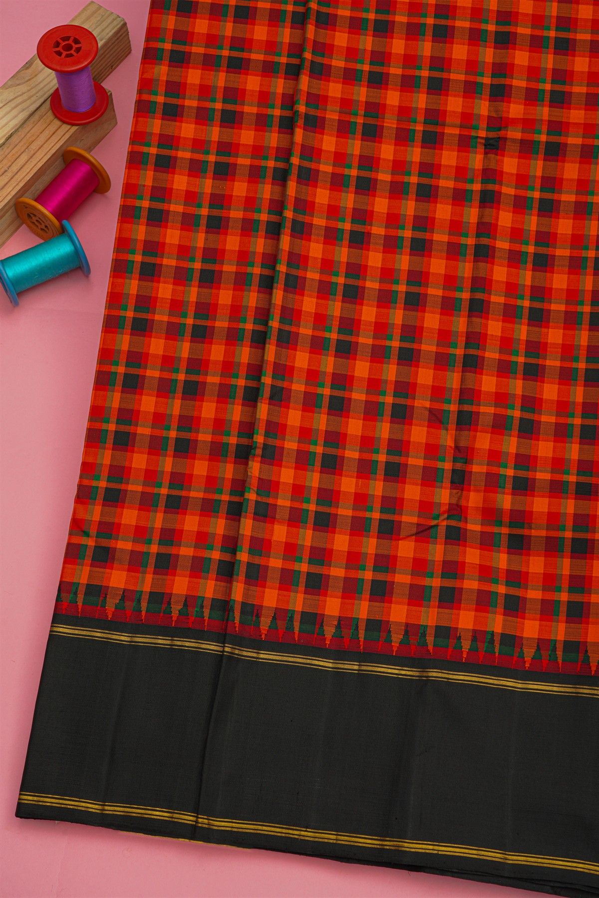 Kancheepuram Silk Multi Colour Checks Saree With Plain Temple Border