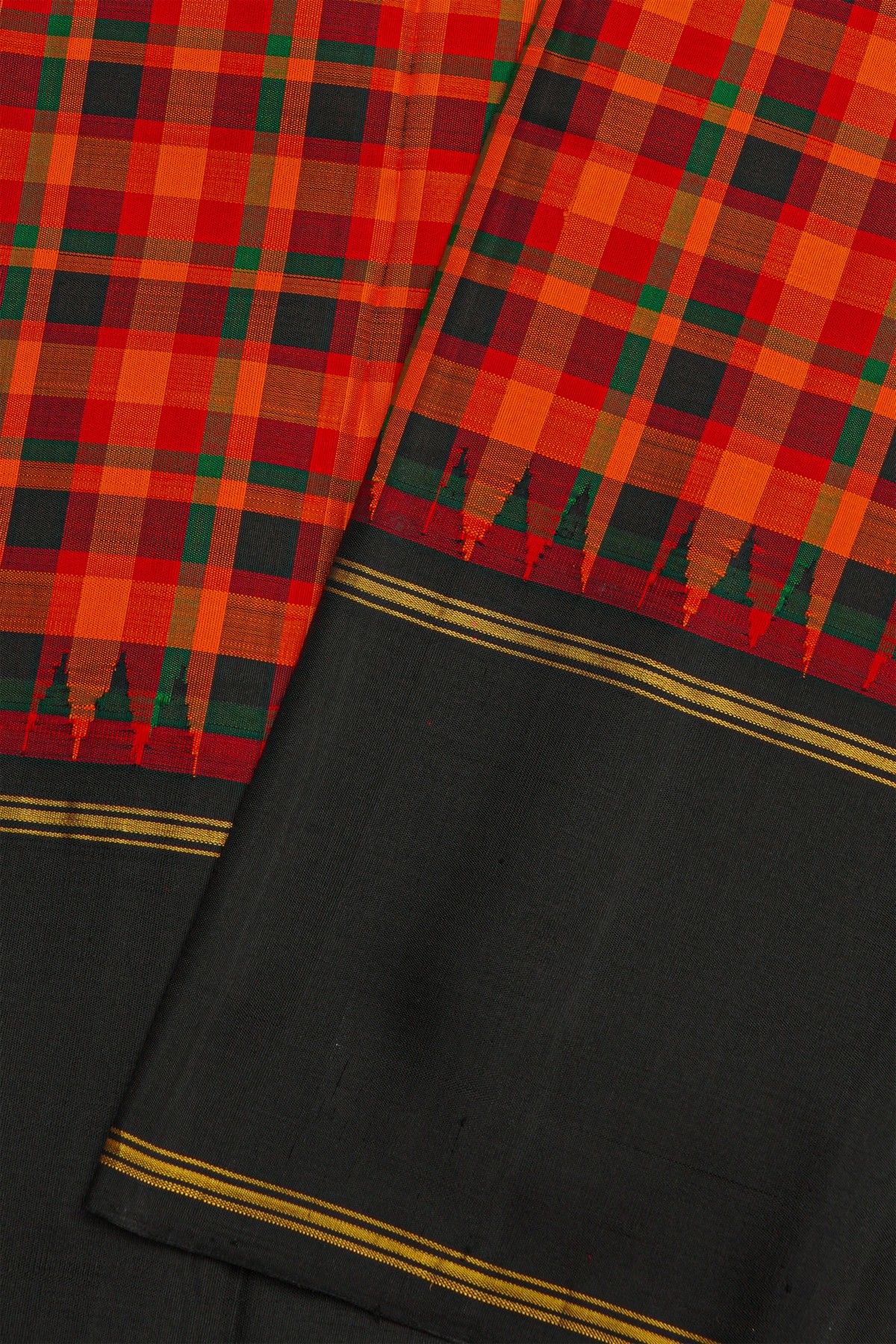 Kancheepuram Silk Multi Colour Checks Saree With Plain Temple Border