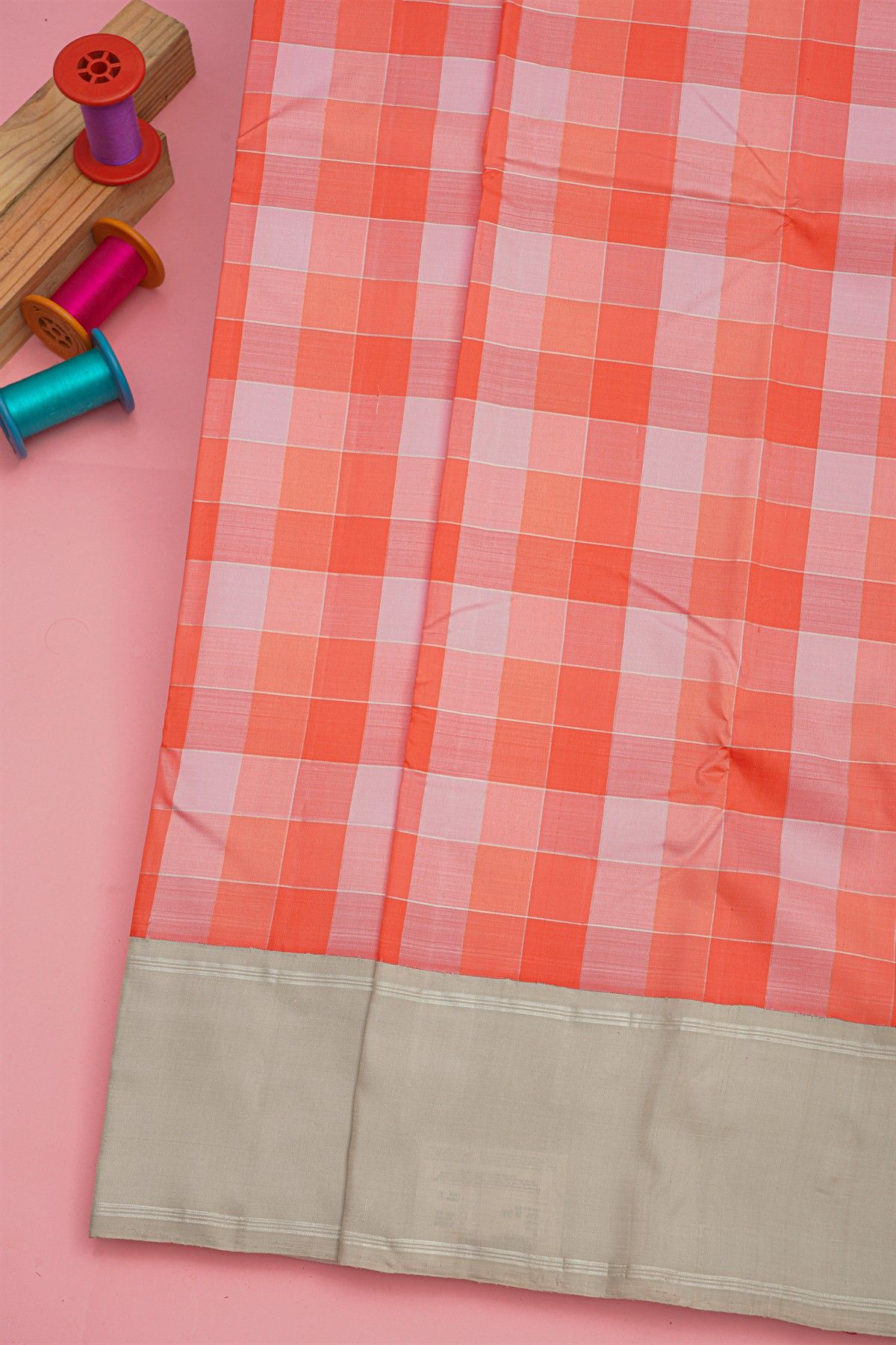 Kancheepuram Silk Peach Pink Saree With Dual Colour Checks Body Plain Border