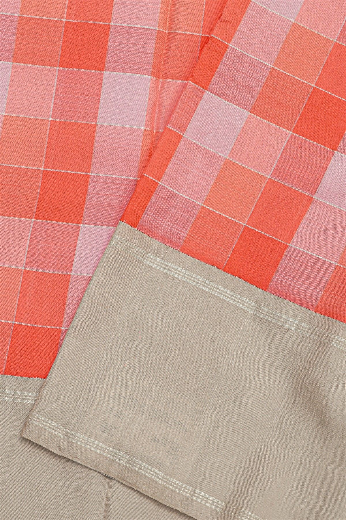 Kancheepuram Silk Peach Pink Saree With Dual Colour Checks Body Plain Border