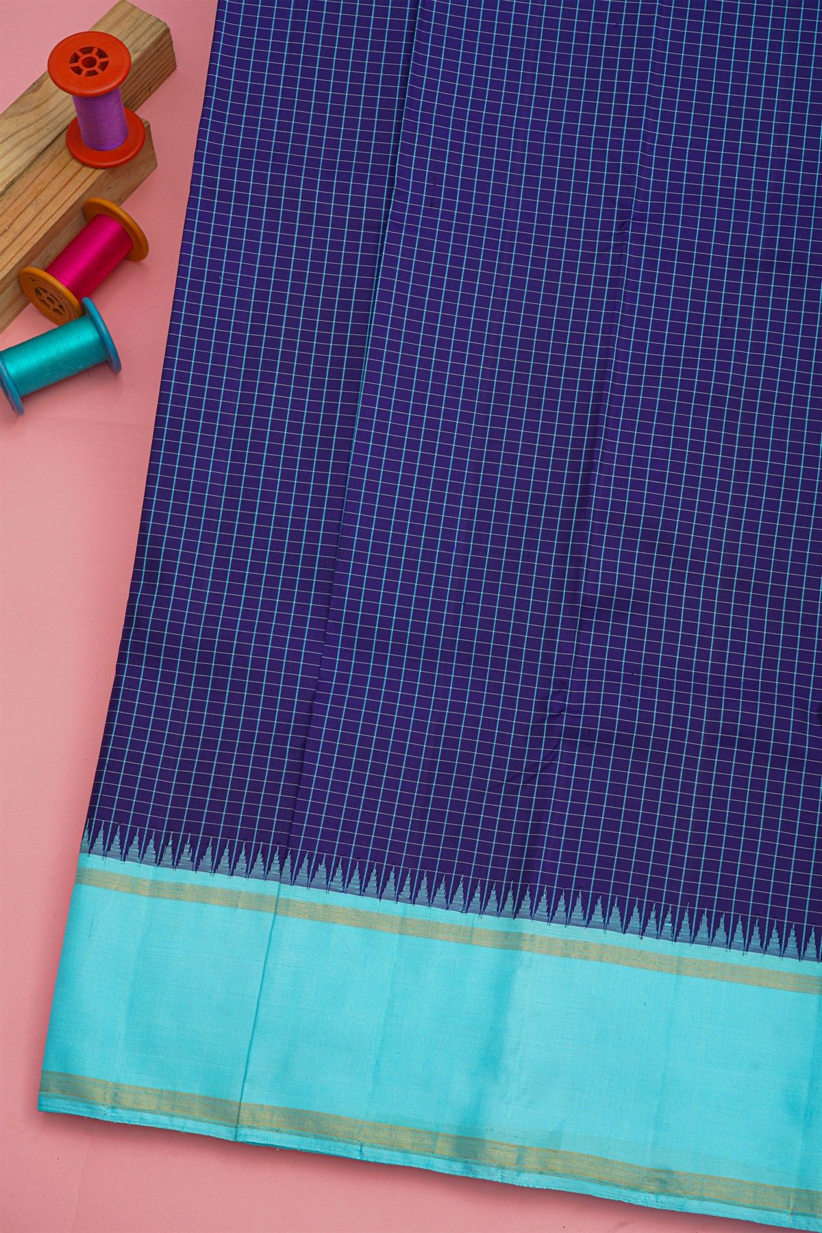 Kancheepuram Silk Navy Blue Saree With Thread Checks
