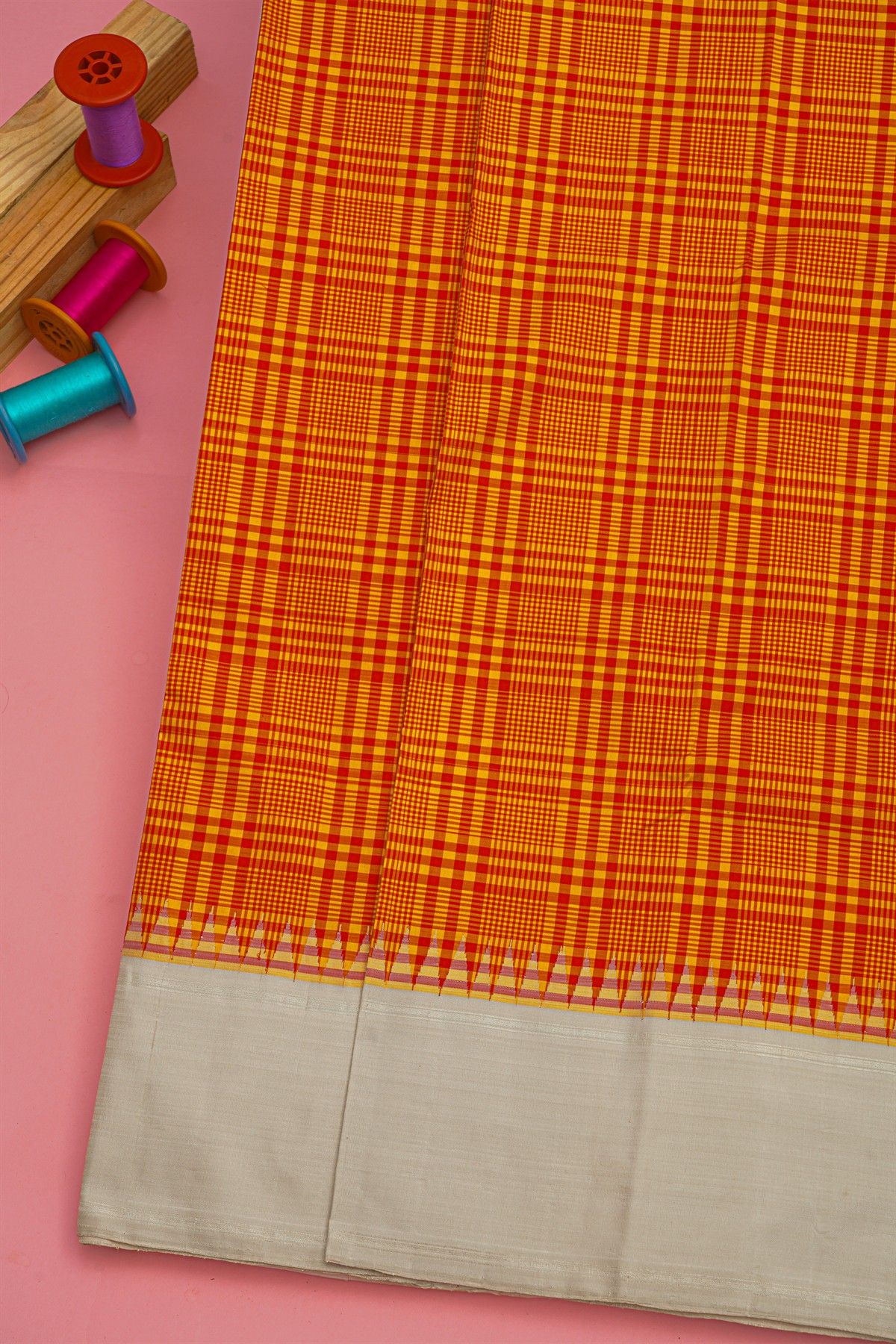 Kancheepuram Silk Multi Coloured Checks Mustard Yellow Saree