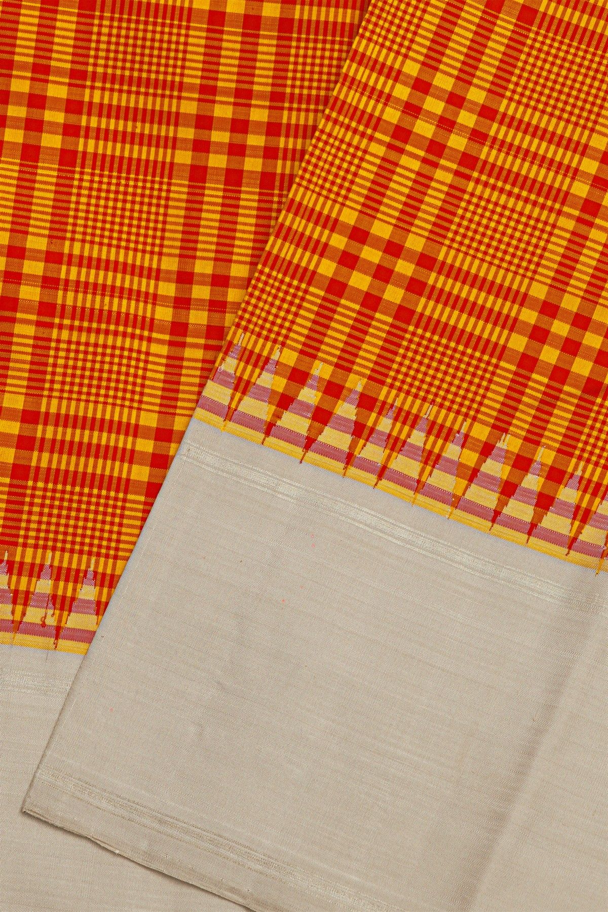 Kancheepuram Silk Multi Coloured Checks Mustard Yellow Saree