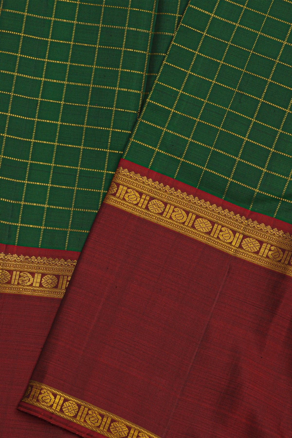 Kancheepuram Silk Bottle Green Zari Checks Saree With Ganga Jamuna Kuttu Border