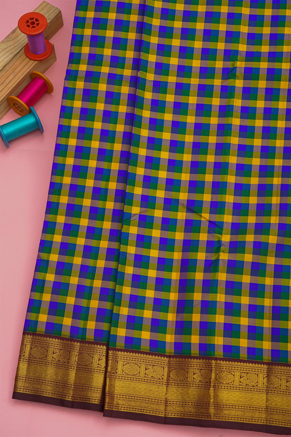Kancheepuram Silk Multi-Colour Checked Saree With Kuttu Border