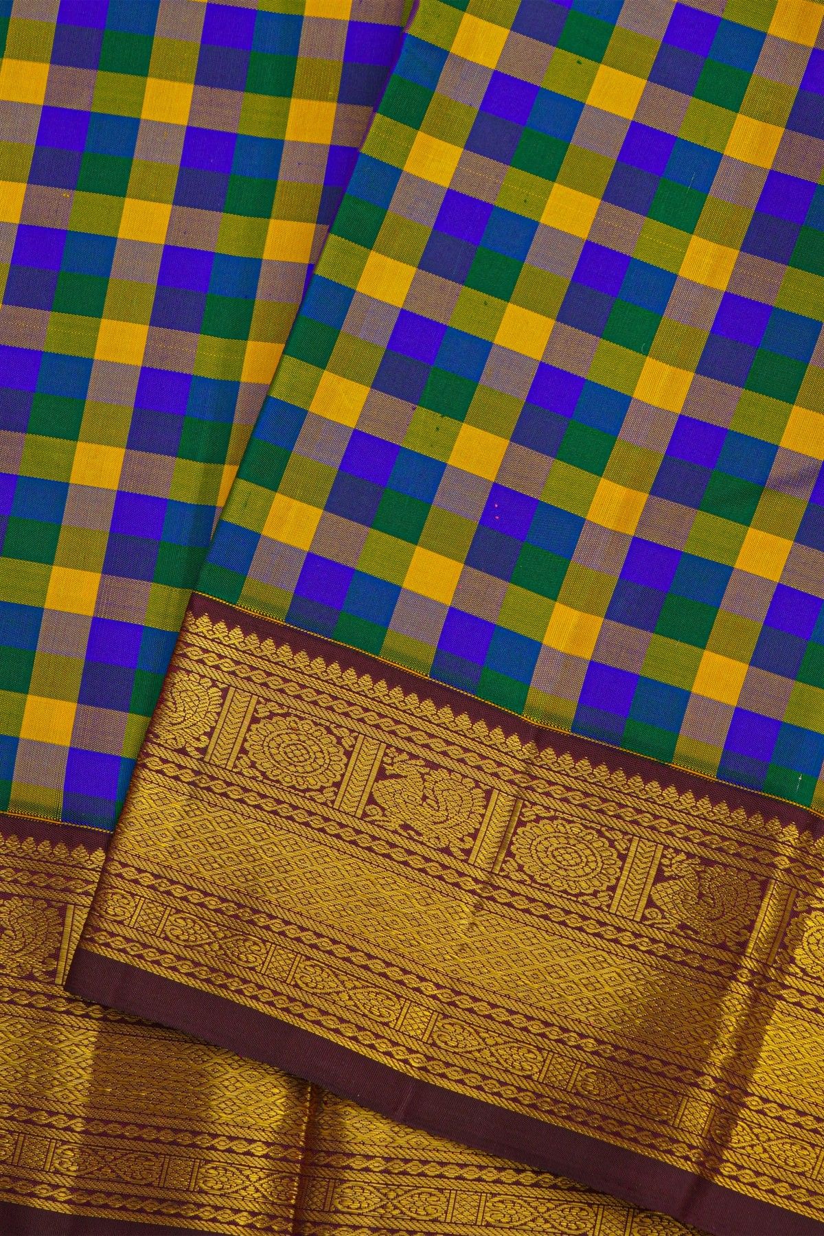 Kancheepuram Silk Multi-Colour Checked Saree With Kuttu Border