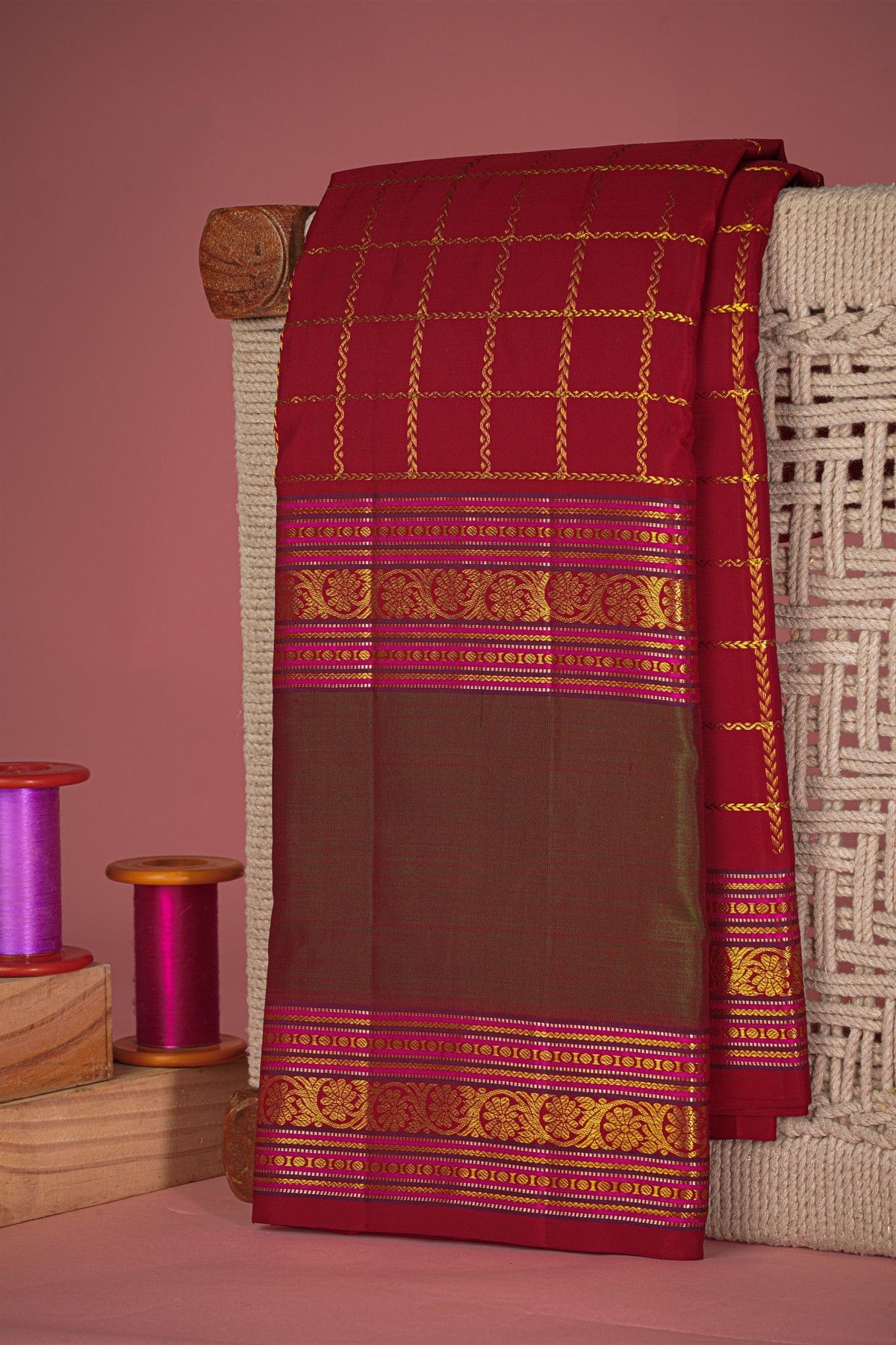 Kancheepuram Silk Maroon Saree With Zari Checks Traditional Gap Border