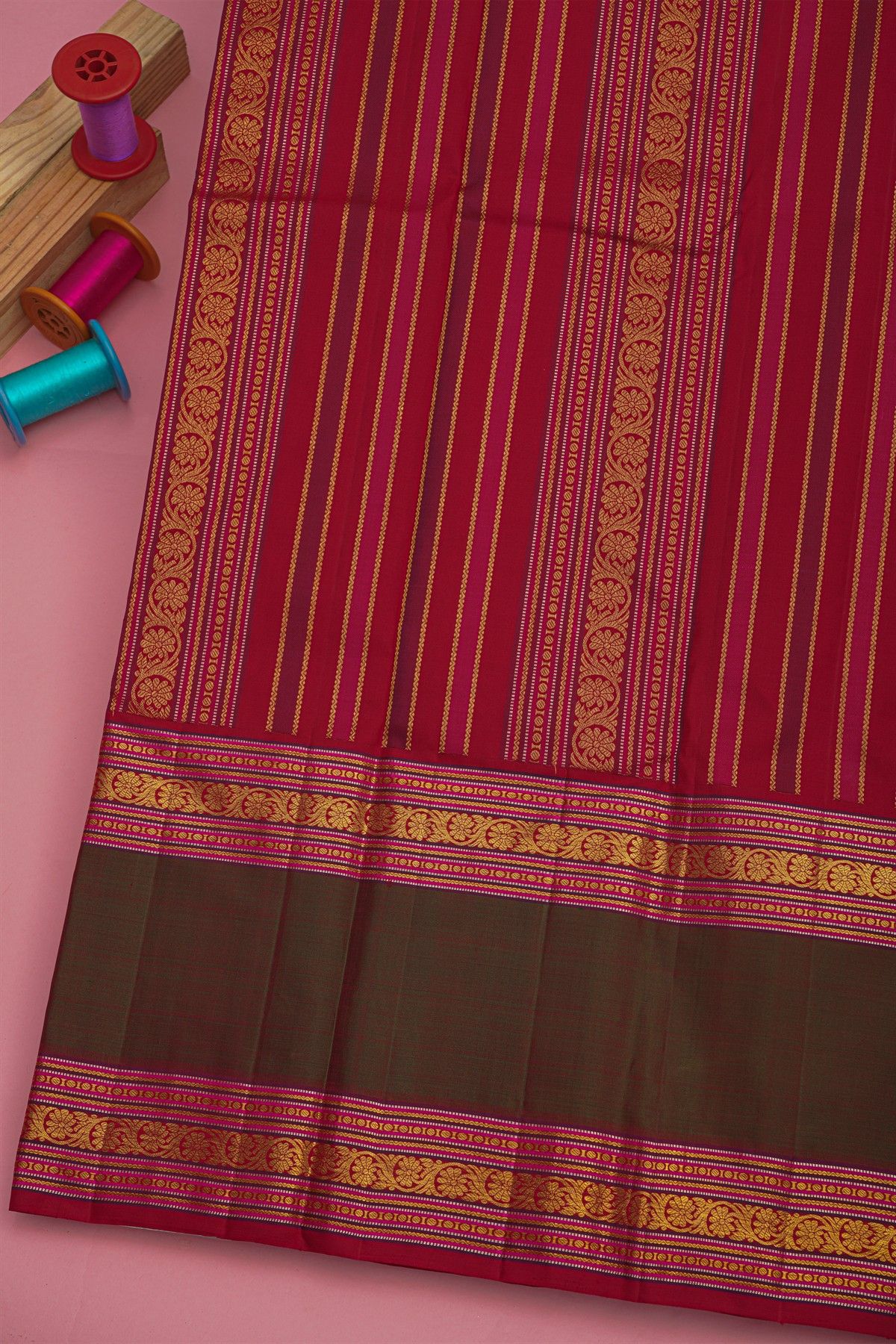 Kancheepuram Silk Maroon Saree With Zari Checks Traditional Gap Border