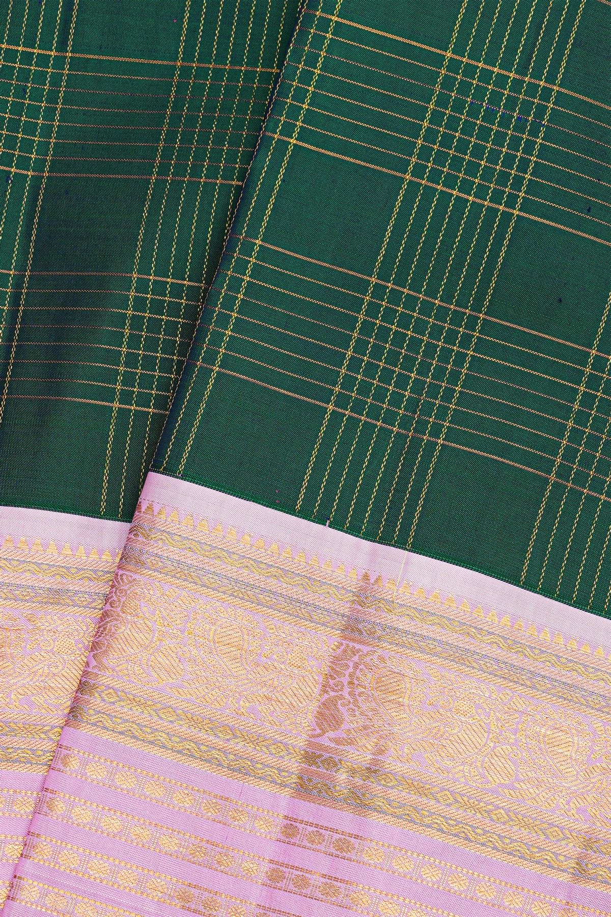 Kancheepuram Silk Bottle Green Saree With Zari Checks Body And Contrast Florals And Peacocks Border