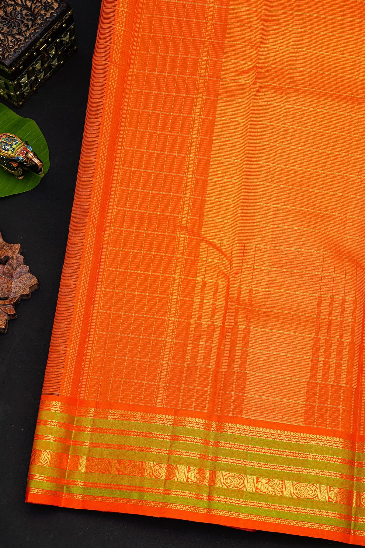 Kancheepuram Silk Bottle Green Saree With Zari Checks Body And Contrast Florals And Peacocks Border