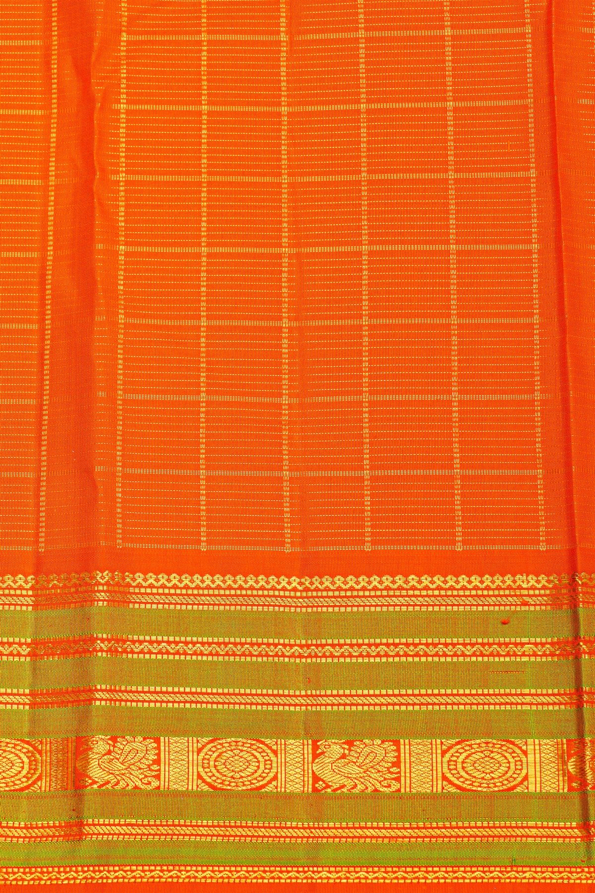 Kancheepuram Silk Bottle Green Saree With Zari Checks Body And Contrast Florals And Peacocks Border