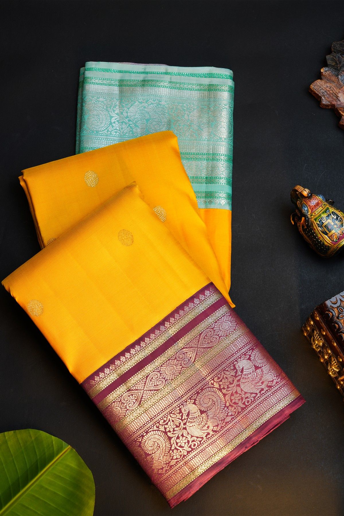 Kancheepuram Silk Yellow Saree With Dollar Buttis Body And Contrast Ganga Jamuna Border