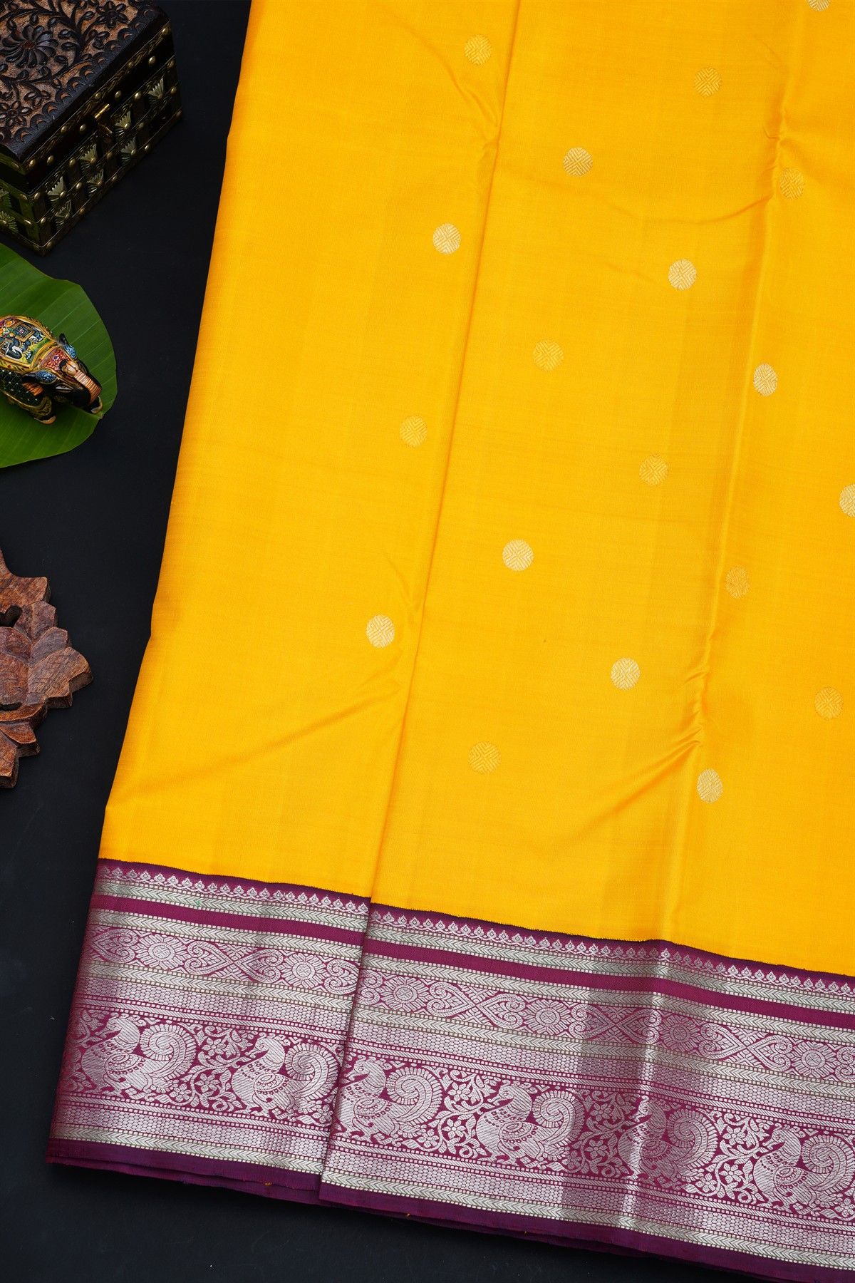 Kancheepuram Silk Yellow Saree With Dollar Buttis Body And Contrast Ganga Jamuna Border