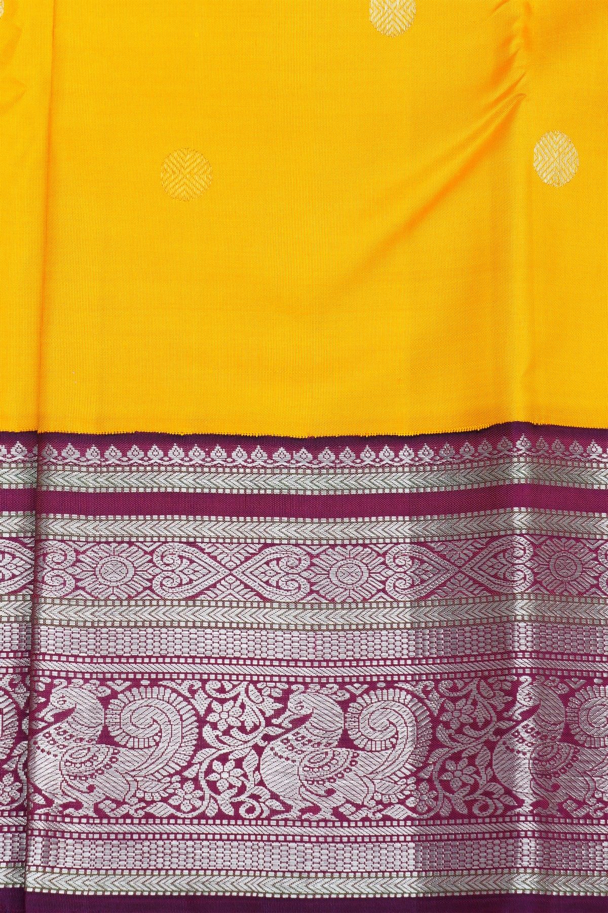 Kancheepuram Silk Yellow Saree With Dollar Buttis Body And Contrast Ganga Jamuna Border