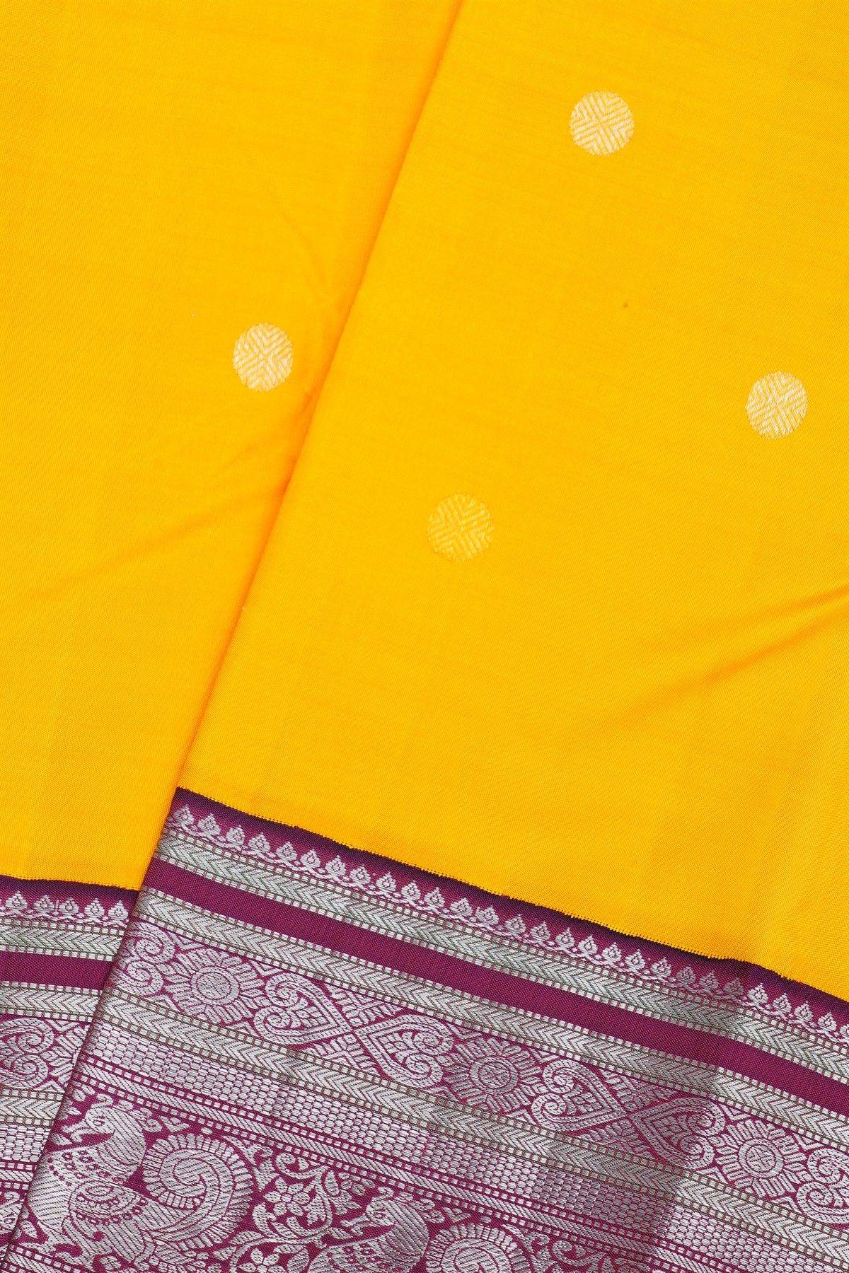 Kancheepuram Silk Yellow Saree With Dollar Buttis Body And Contrast Ganga Jamuna Border