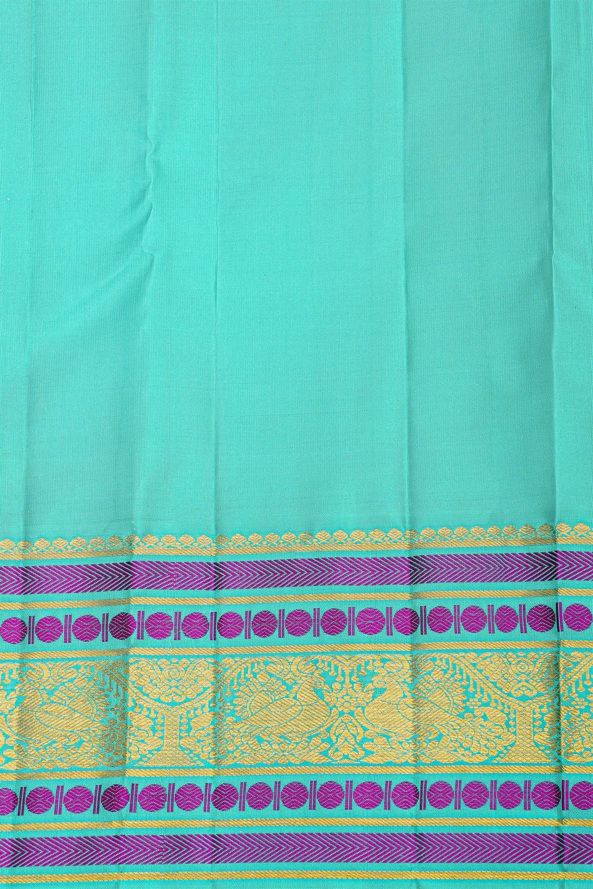 Kancheepuram Silk Dual Colour Saree With Peacock Buttis Body And Contrast Florals And Peacocks Border