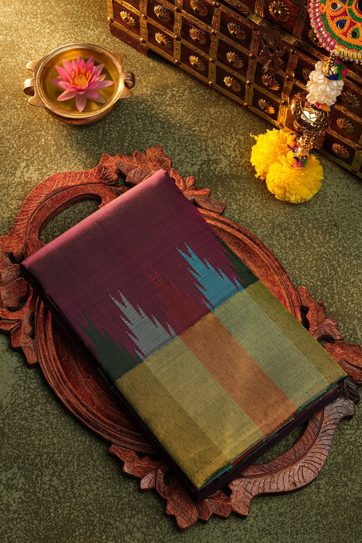Kancheepuram Silk Wine Saree With Contrast Multicolour Temple Border And Kaddi Pallu