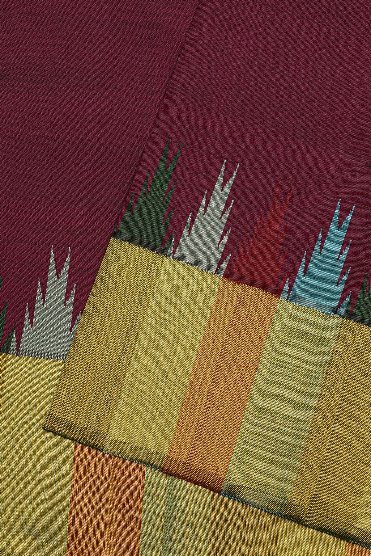 Kancheepuram Silk Wine Saree With Contrast Multicolour Temple Border And Kaddi Pallu