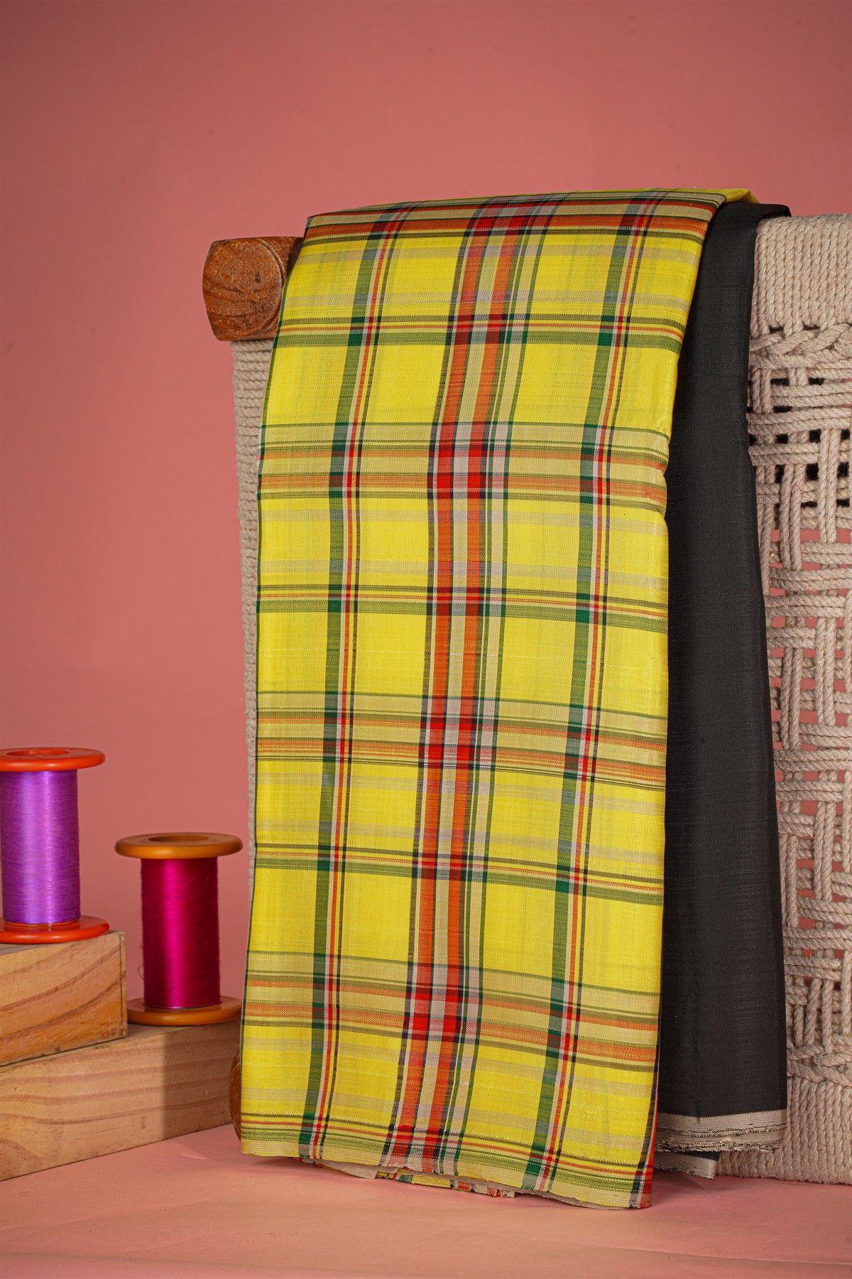 Kancheepuram Silk Black Saree With Multi-Colour Checks Half And Half Borderless