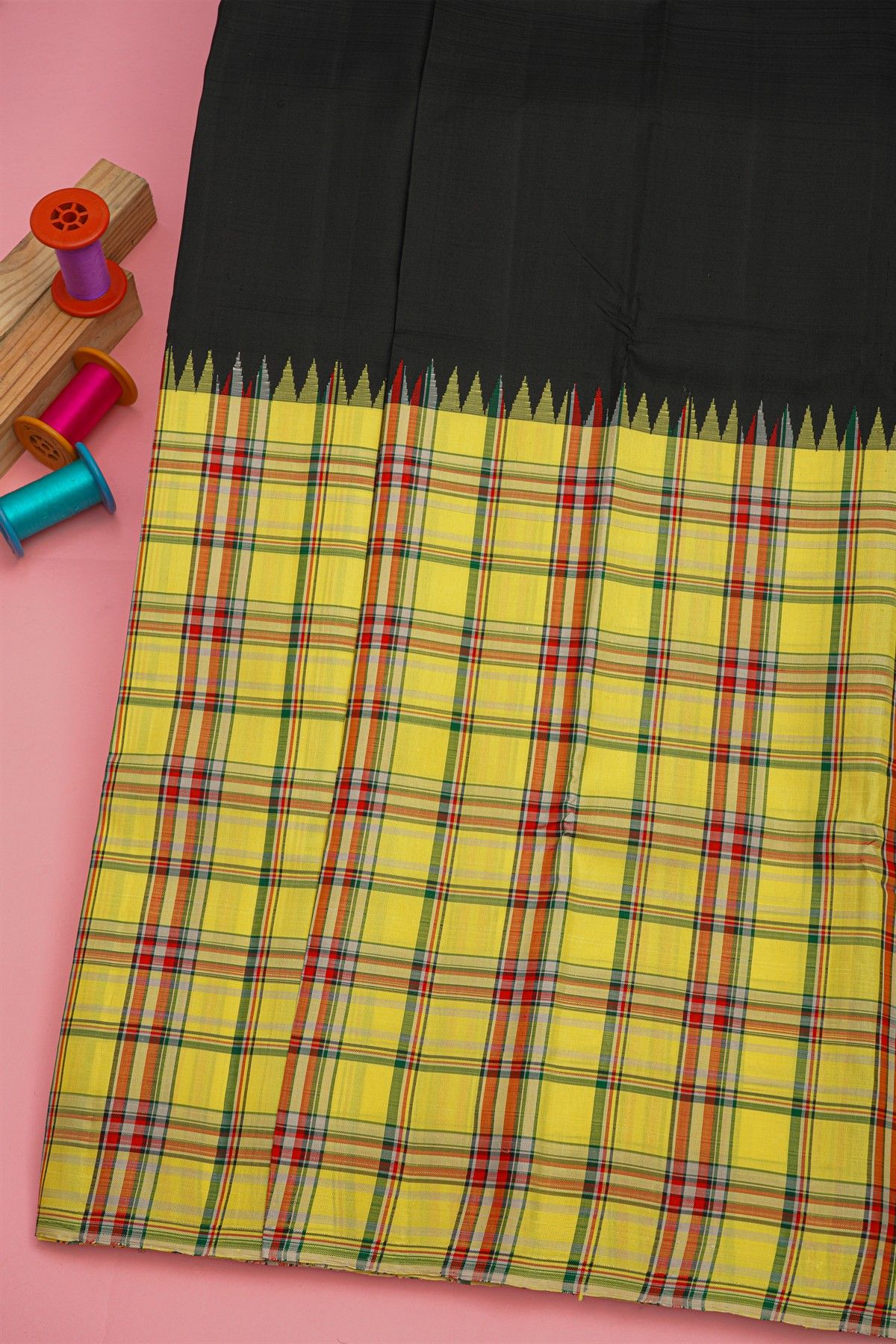Kancheepuram Silk Black Saree With Multi-Colour Checks Half And Half Borderless