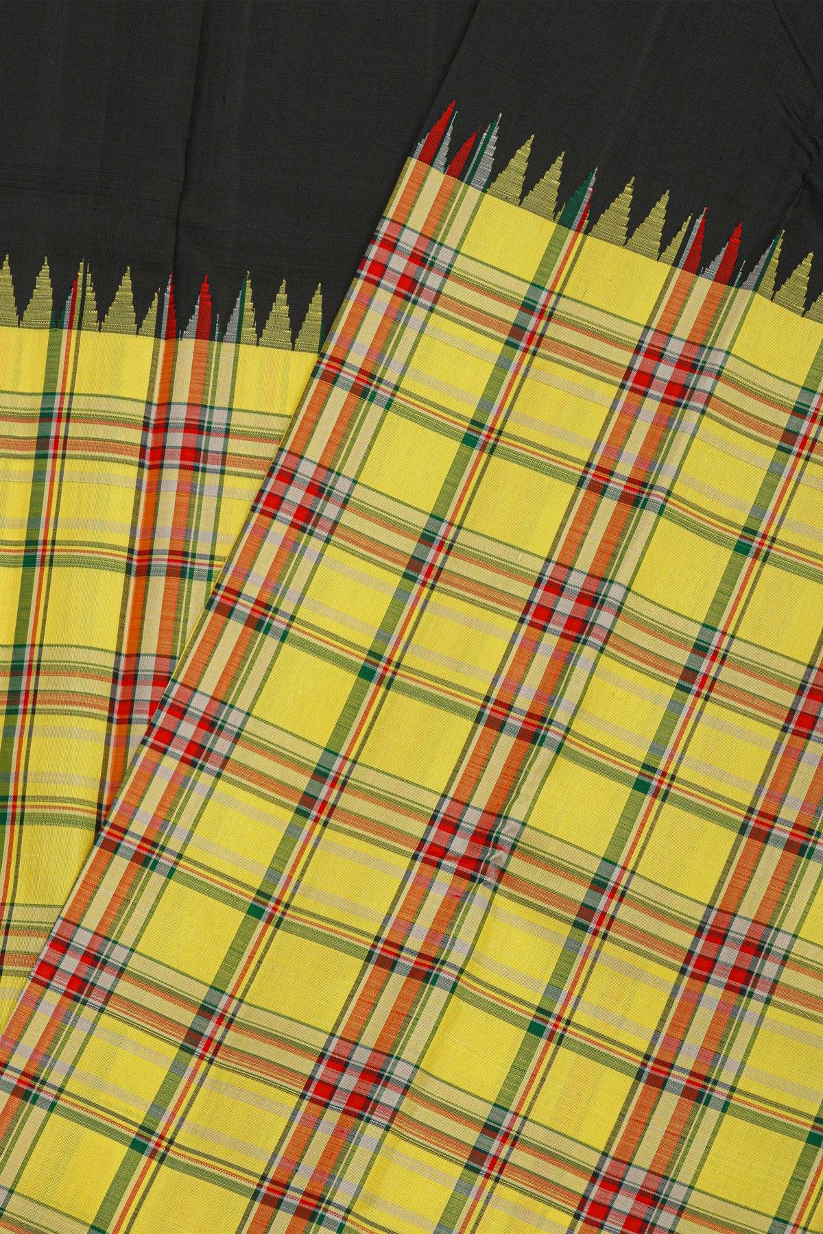 Kancheepuram Silk Black Saree With Multi-Colour Checks Half And Half Borderless
