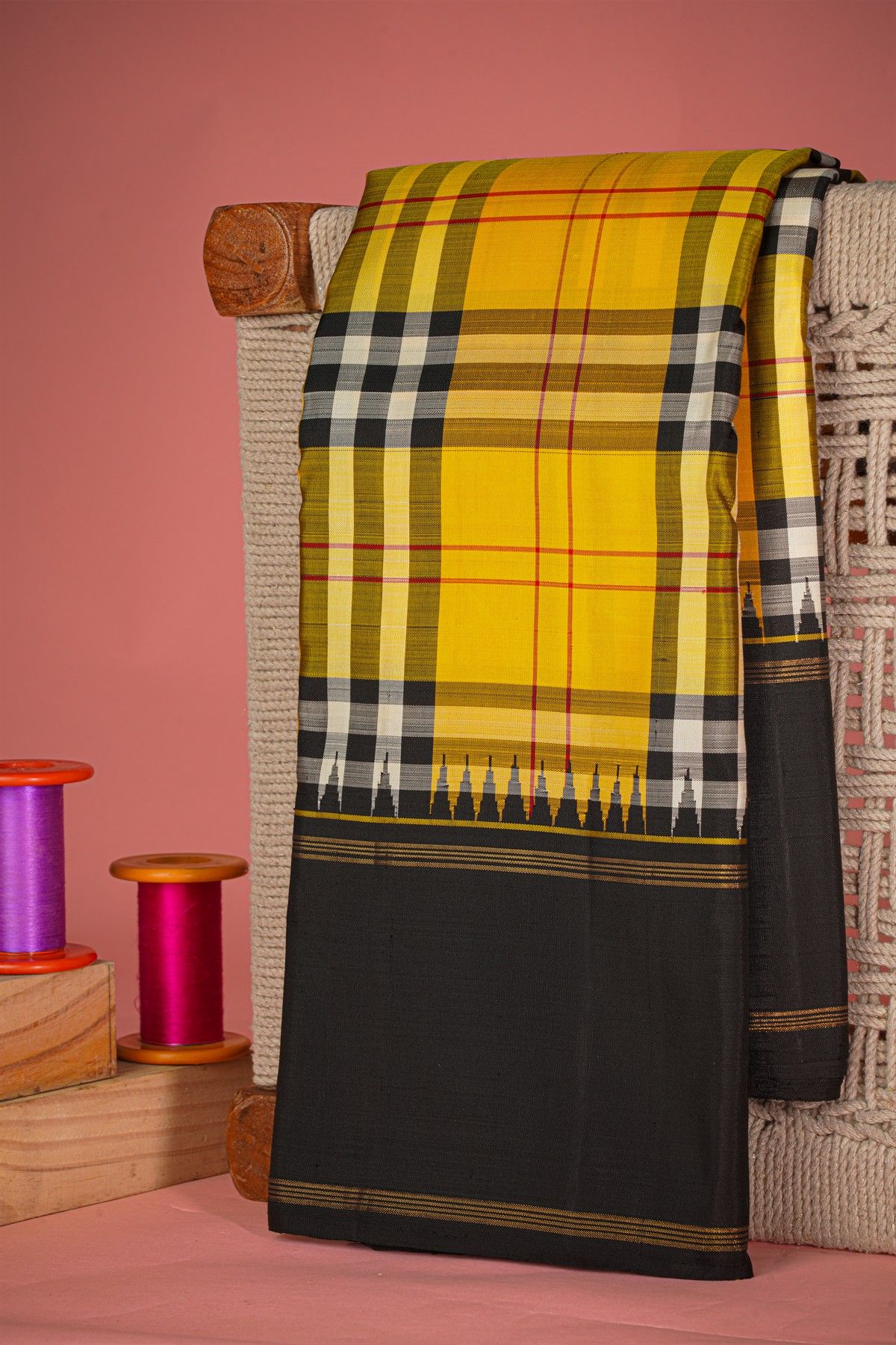 Kancheepuram Silk Multi Colour Checks Saree With Plain Temple Border