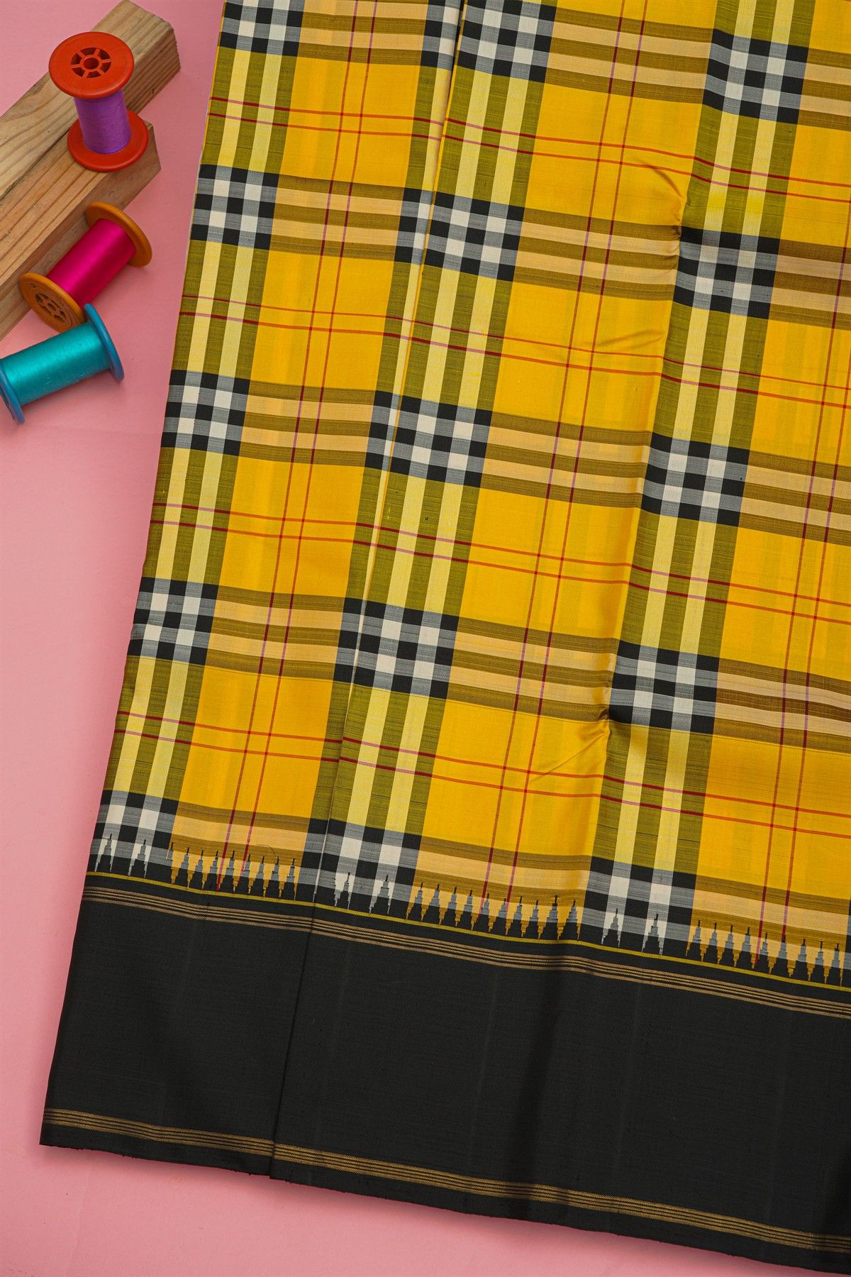 Kancheepuram Silk Multi Colour Checks Saree With Plain Temple Border
