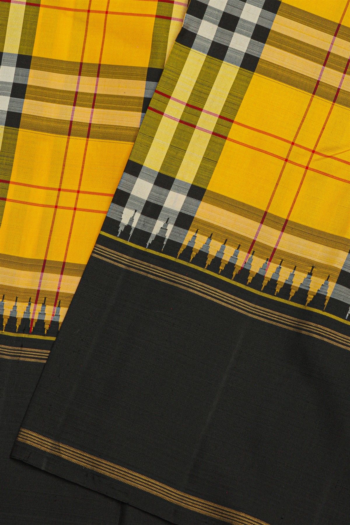 Kancheepuram Silk Multi Colour Checks Saree With Plain Temple Border