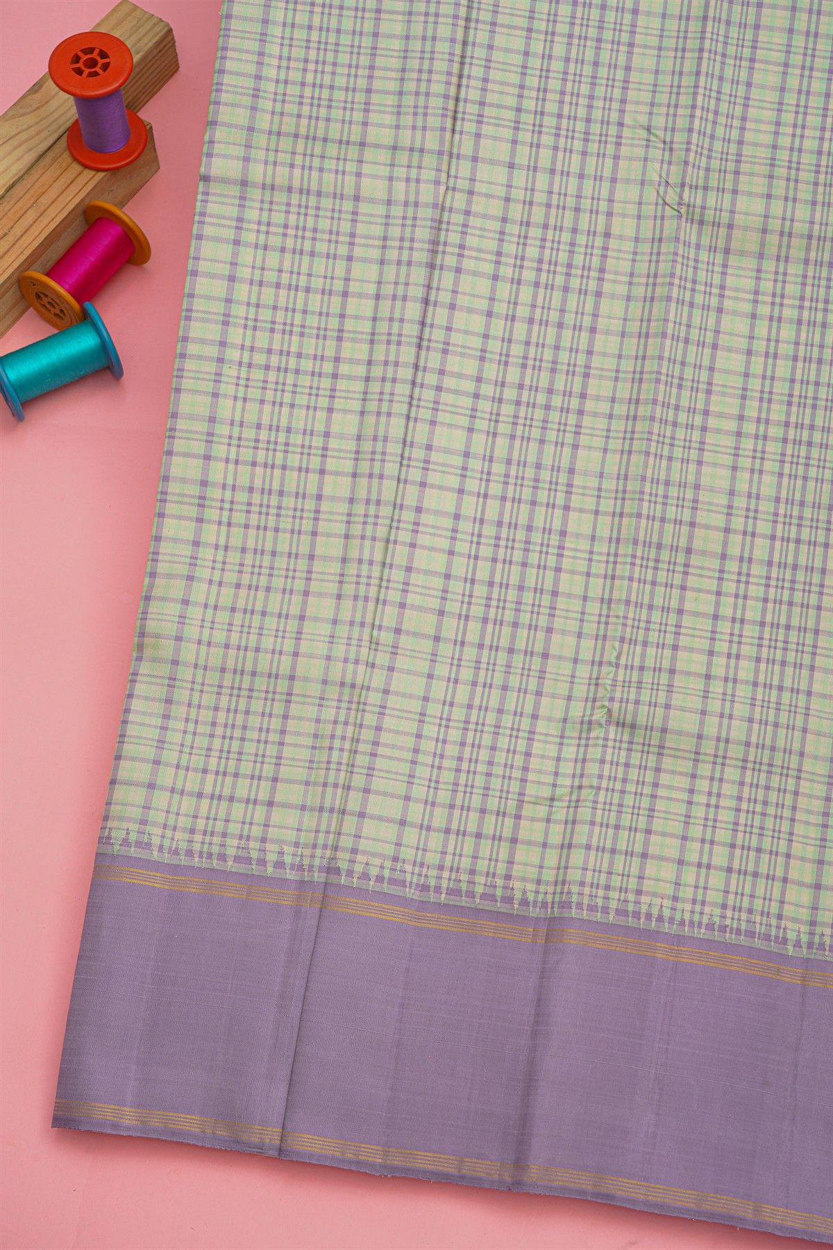 Kancheepuram Silk Mint Green Saree With Multi Checks Kuttu Plain Border