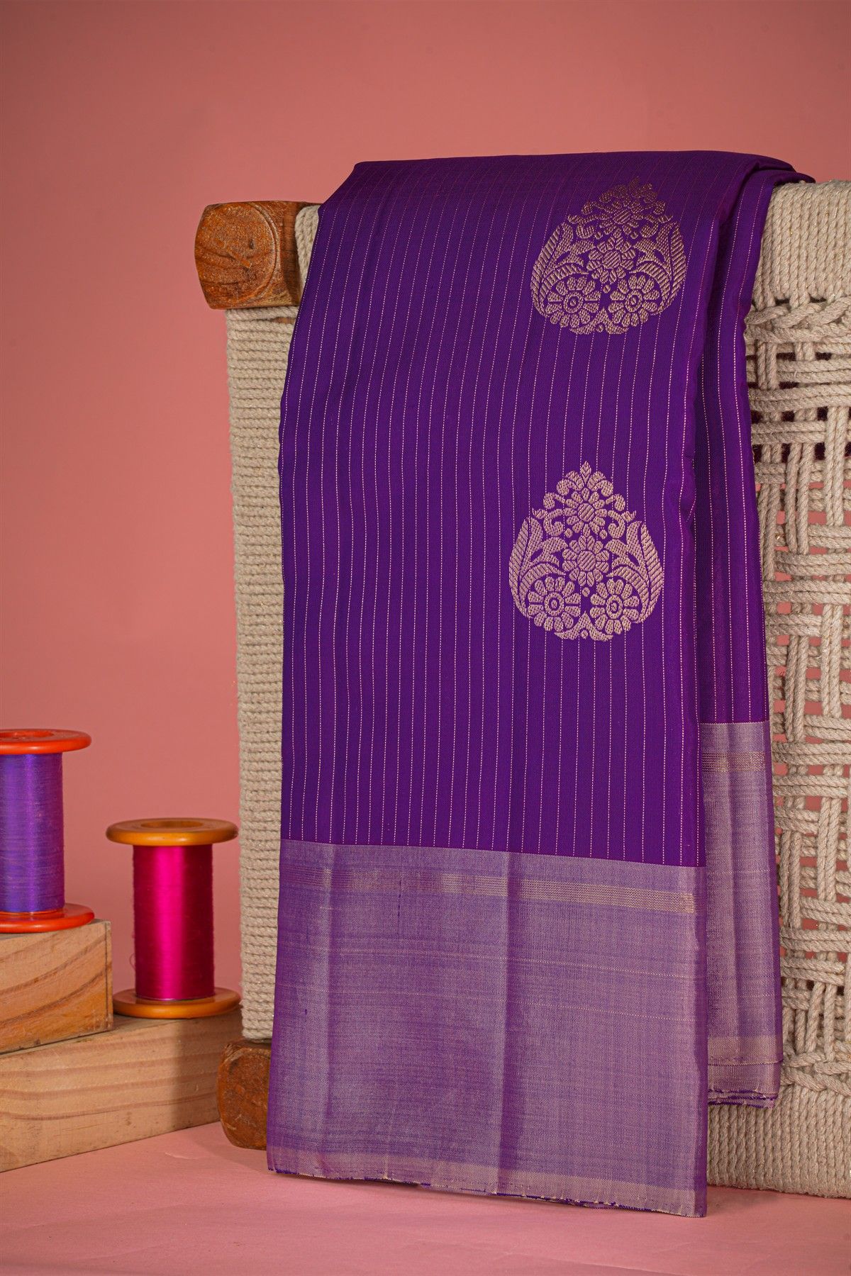 Kancheepuram Silk Violet Saree Floral Buttis And Zari Lines