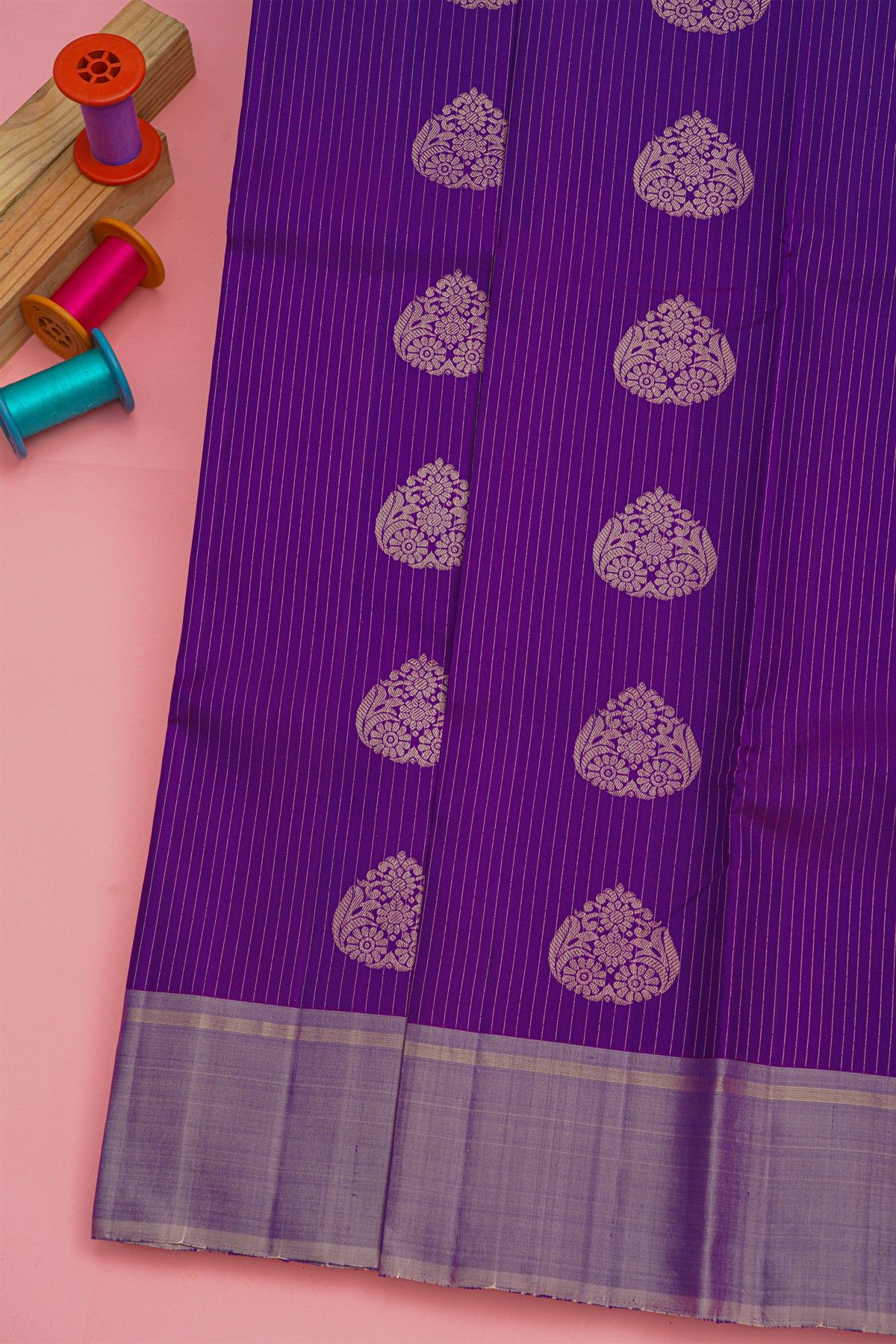 Kancheepuram Silk Violet Saree Floral Buttis And Zari Lines