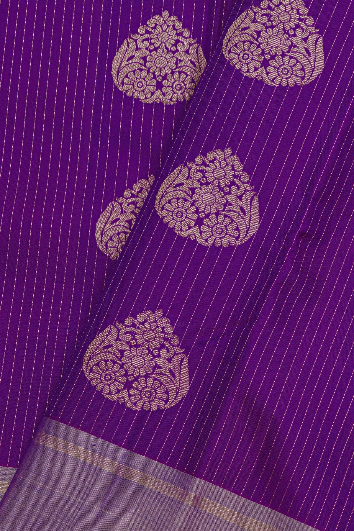 Kancheepuram Silk Violet Saree Floral Buttis And Zari Lines