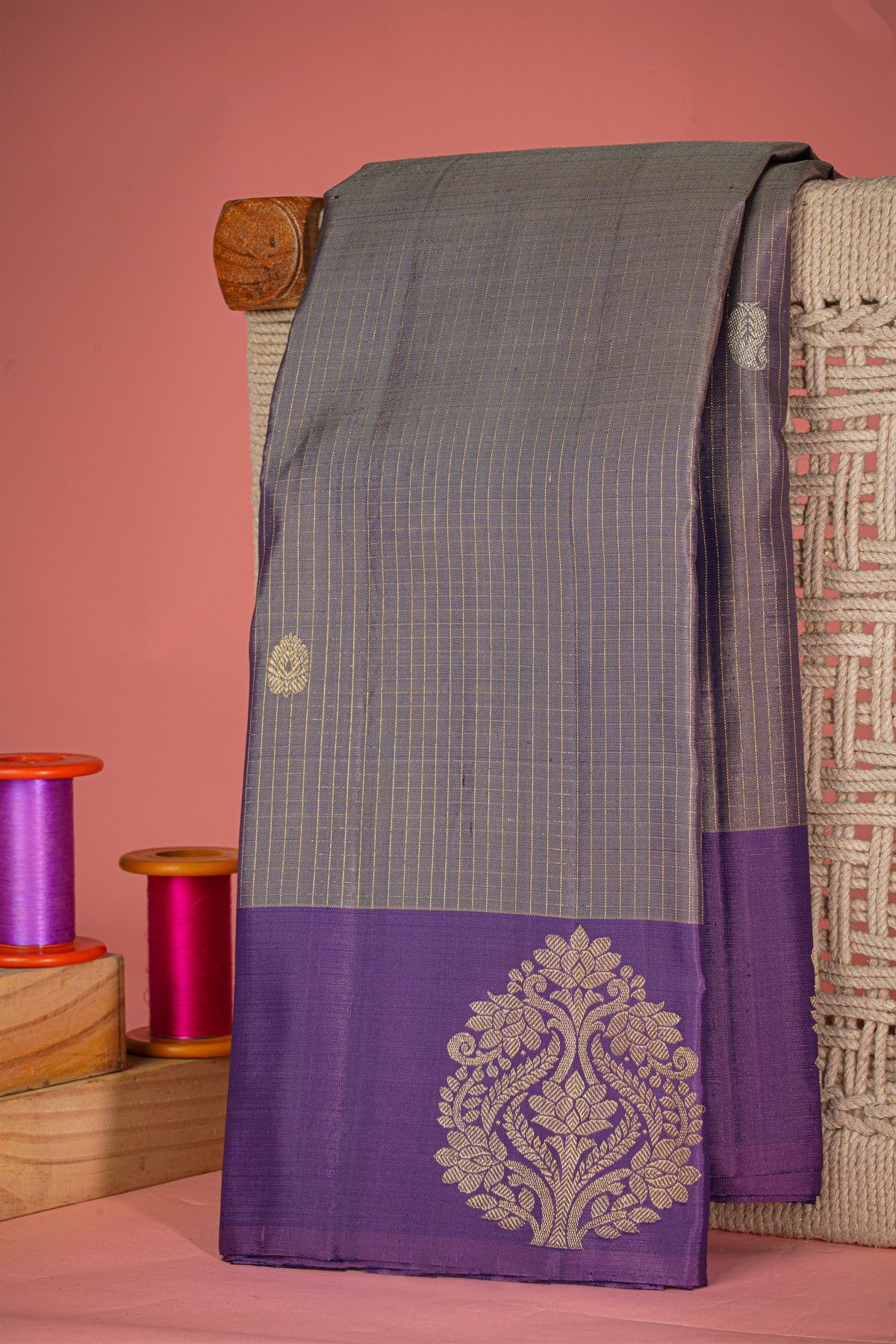 Kancheepuram Silk Grey Saree Zari Checks Body Open Border
