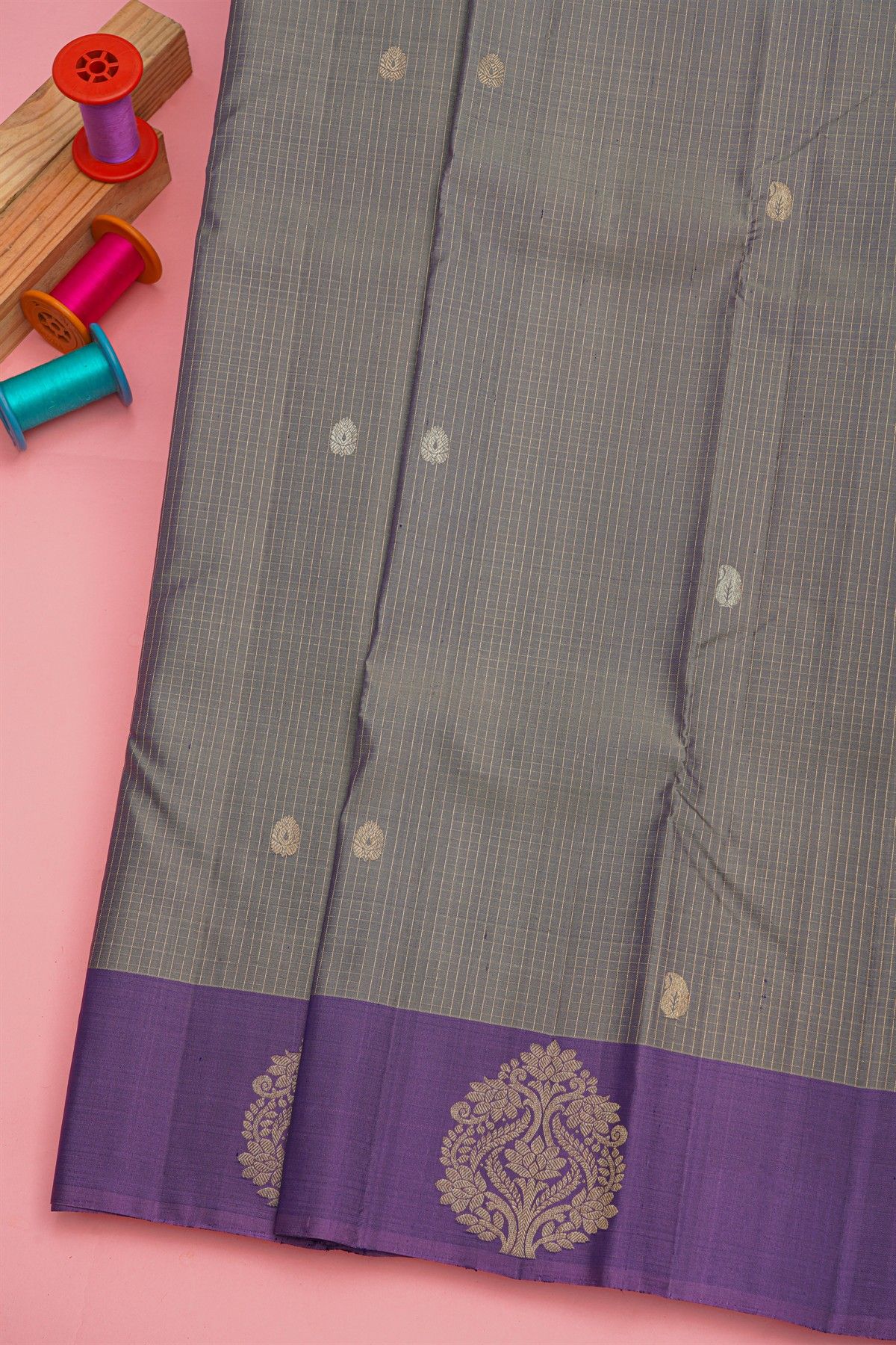 Kancheepuram Silk Grey Saree Zari Checks Body Open Border