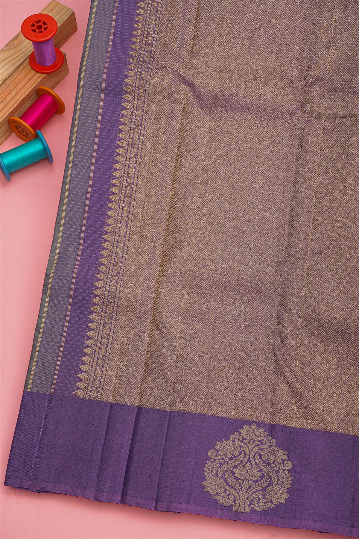Kancheepuram Silk Grey Saree Zari Checks Body Open Border